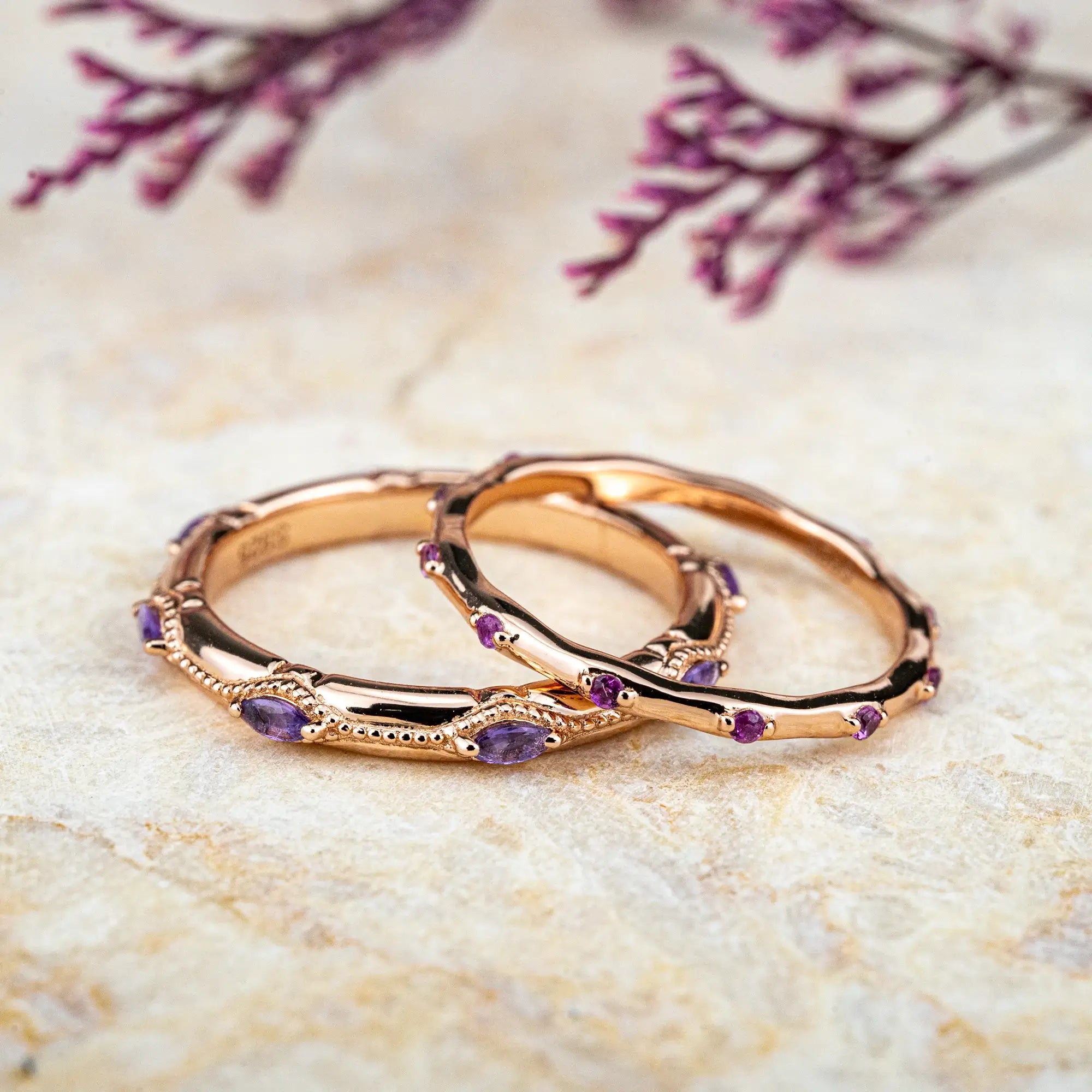 Vintage Amethyst Couple Bands –  Promise Anniversary Rings | orleone custom jewelry