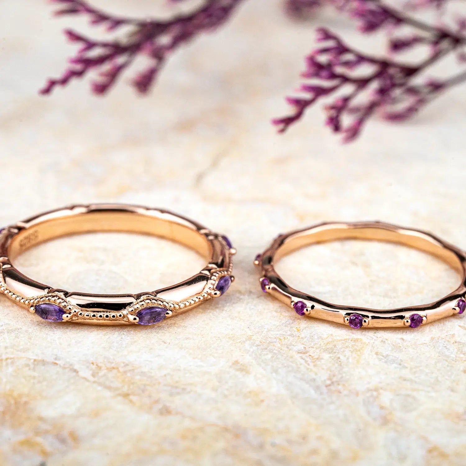 Vintage Amethyst Couple Bands –  Promise Anniversary Rings | orleone custom jewelry