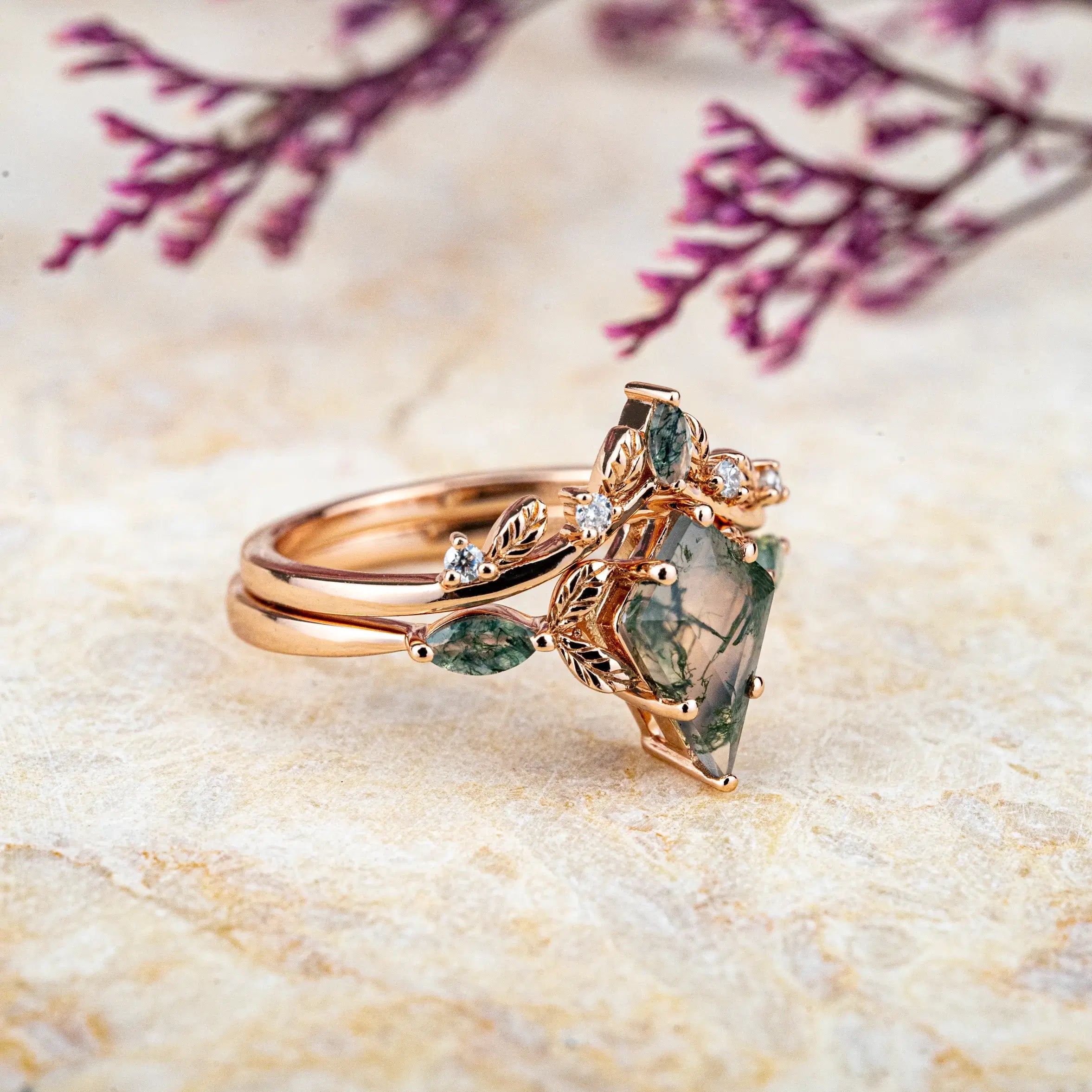 Kite Cut Moss Agate Engagement Ring Set – Nature-Inspired Elegance Unique Leaf Type Design