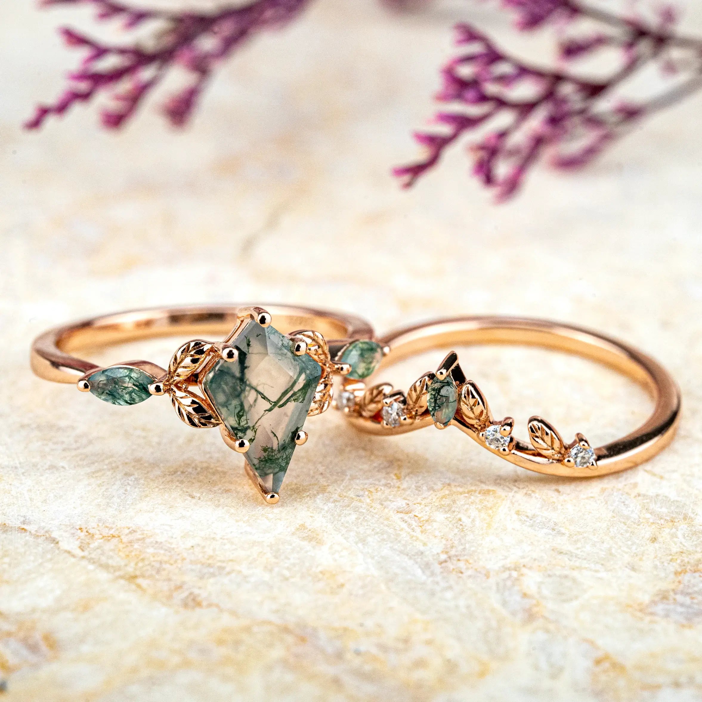 Kite Cut Moss Agate Engagement Ring Set – Nature-Inspired Elegance Unique Leaf Type Design