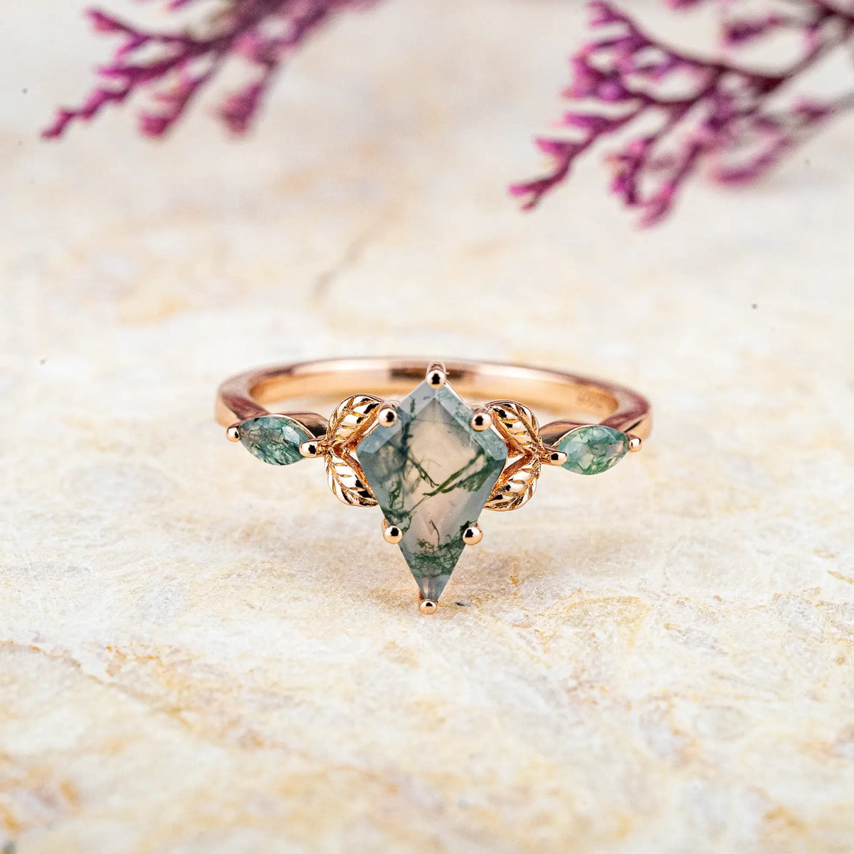 Leaf Kite Cut Moss Agate Rings – Rose Gold Nature-Inspired Jewelry For women anniversary engagement ring