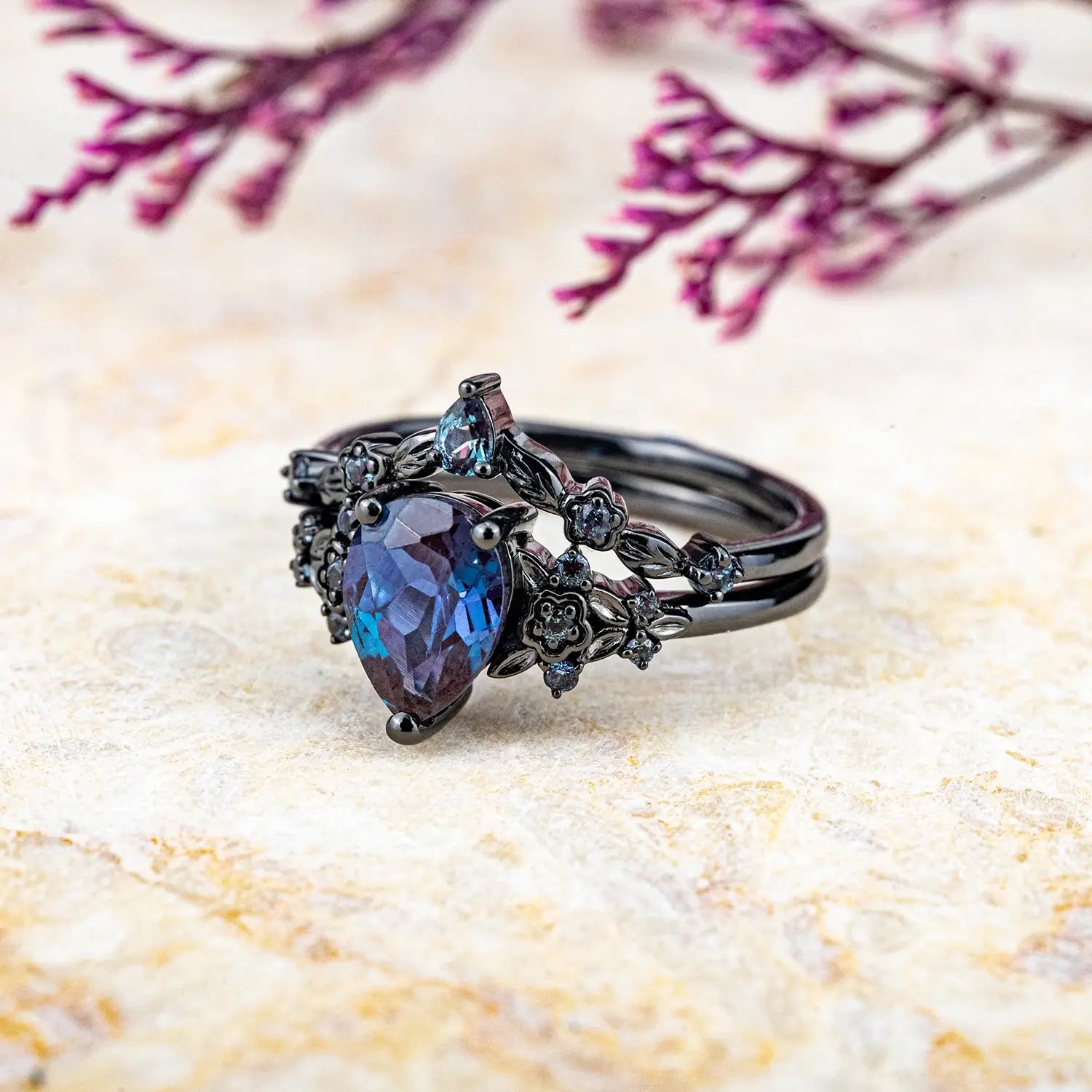 Black Gold Floral Alexandrite Ring Set – Unique Rhodium Black Bridal Artistic Jewelry Gothic Rings 