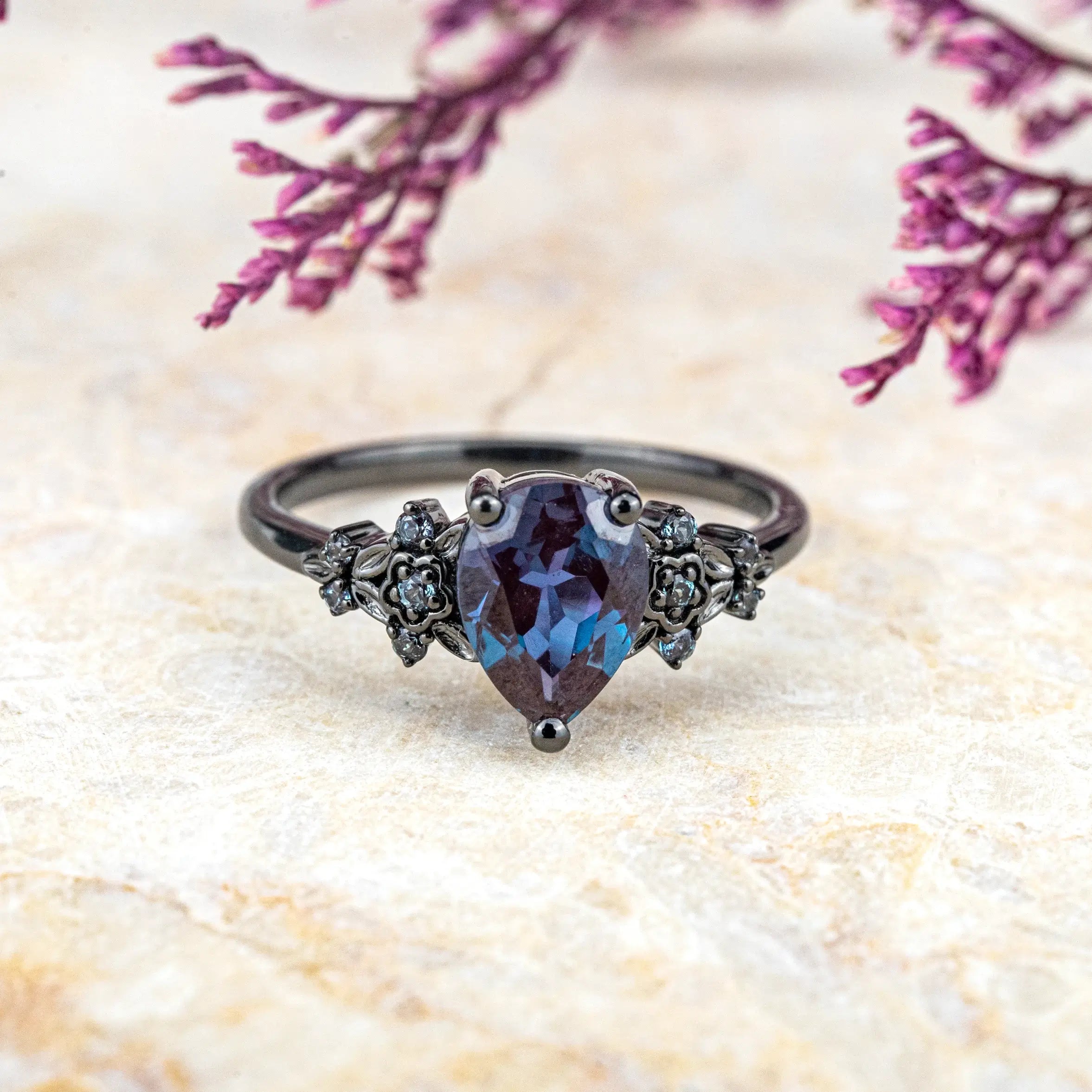 Black Gold Alexandrite Promise Ring – Elegance Leaf Engagement Rings For women anniversary gift