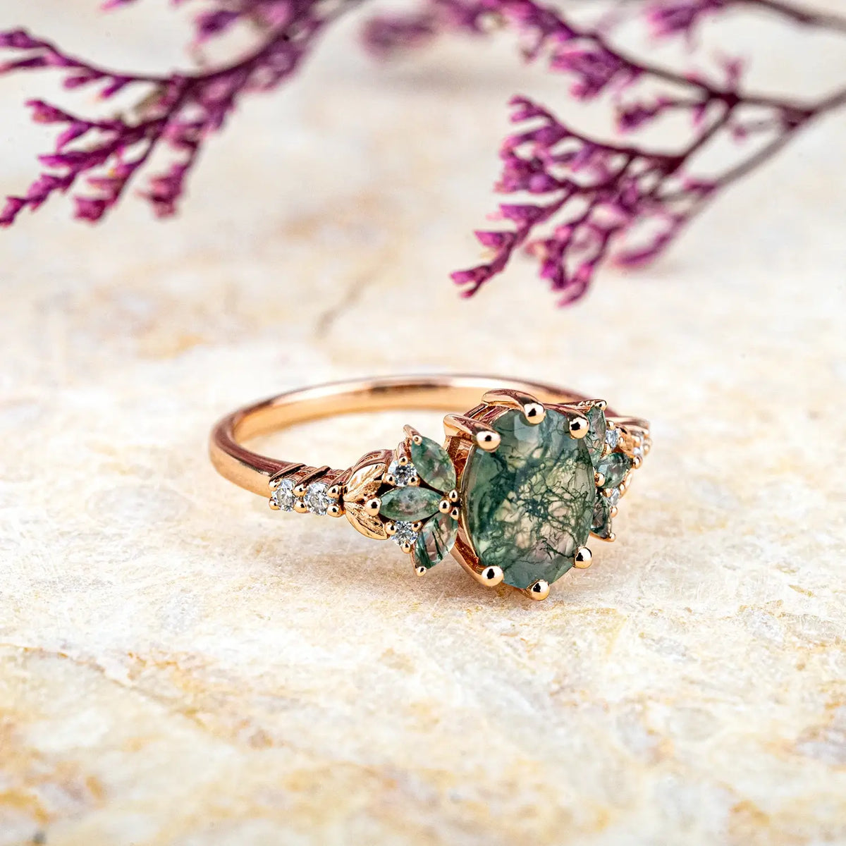 Custom oval cut Moss Agate Leaf Engagement Ring – Elegance Cluster Rings handmade jewelry for ladies  anniversary gift 