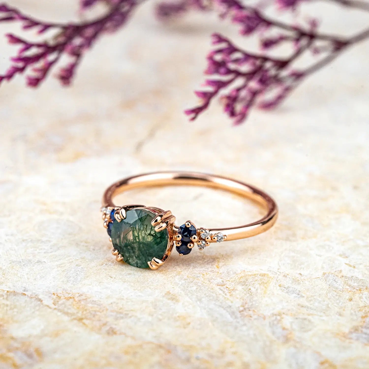 Round Cut Moss Agate Ring - Cluster Engagement Rings Double Claw Design 18k rose gold promise rings