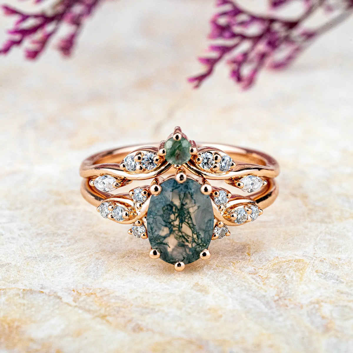 Oval Moss Agate Engagement Ring Set – Luxurious Promise Rings Bridal Sets
 anniversary gift