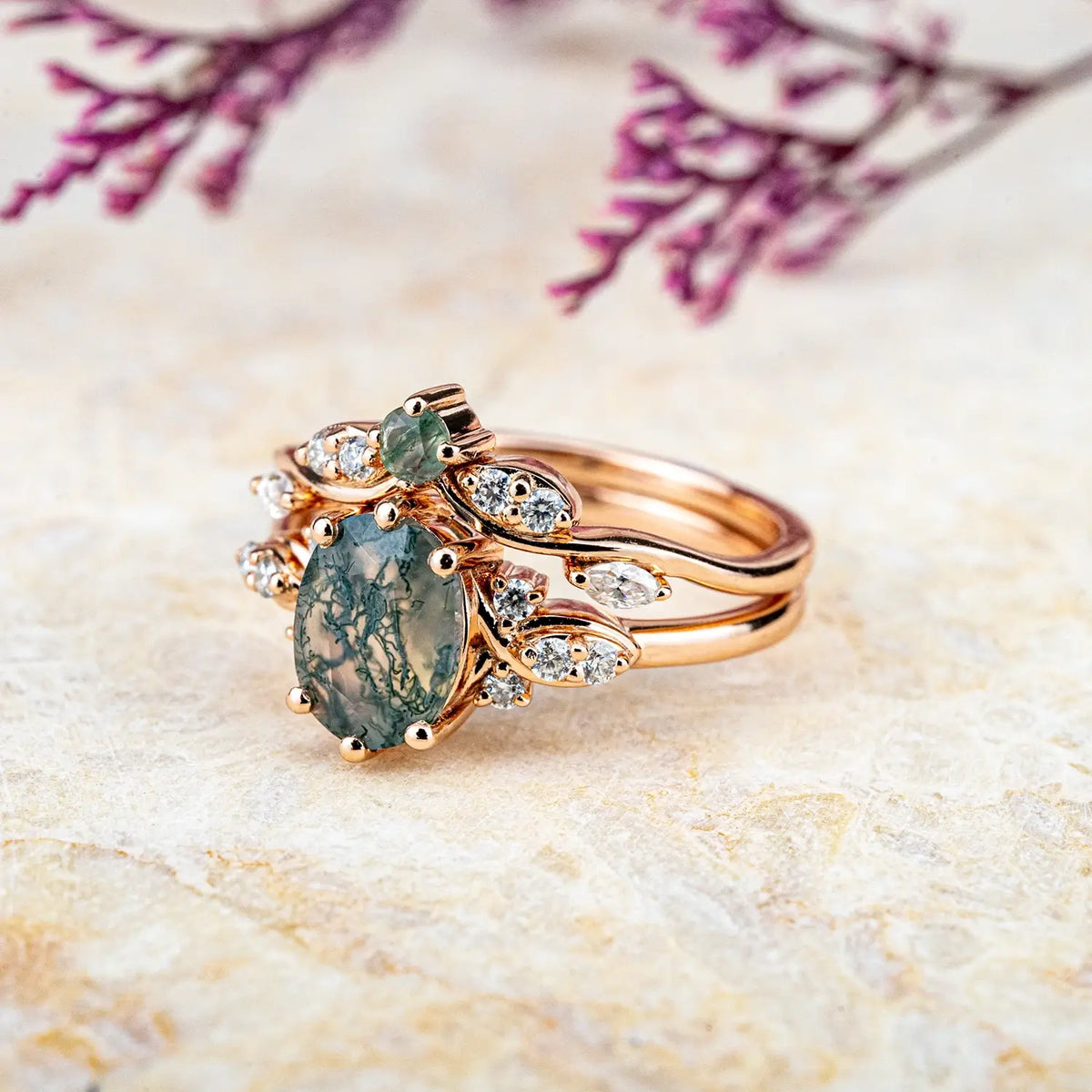 Oval Moss Agate Engagement Ring Set – Luxurious Promise Rings Bridal Sets
 anniversary gift