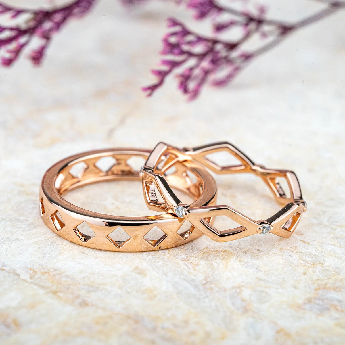 Custom handmade 14K Gold Hollow Couple Rings – Elegant Promise & Anniversary Bands