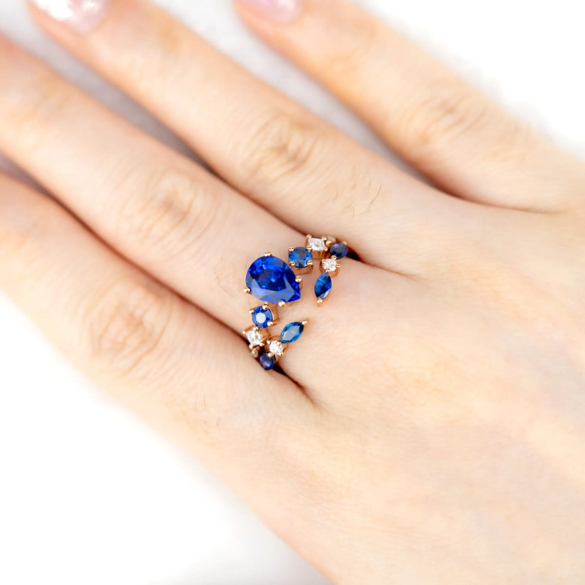Sapphire Seven-Stone Ring Set – Pear Cut Sapphire Noble and Luxurious Rrt Ring CUSTOM  Bridal Sets For ladies
