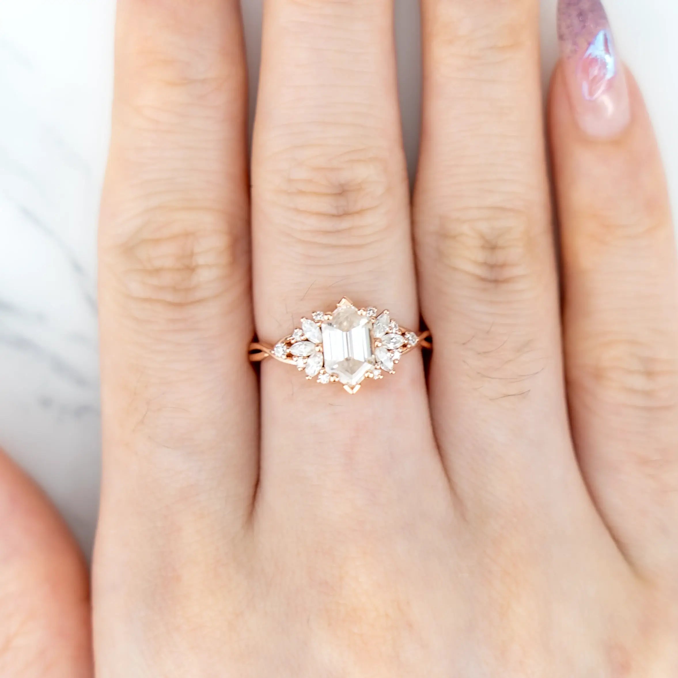 custom Hexagon Moissanite Flower Cluster Ring – 14K Gold Engagement Rings for ladies anniversary gift