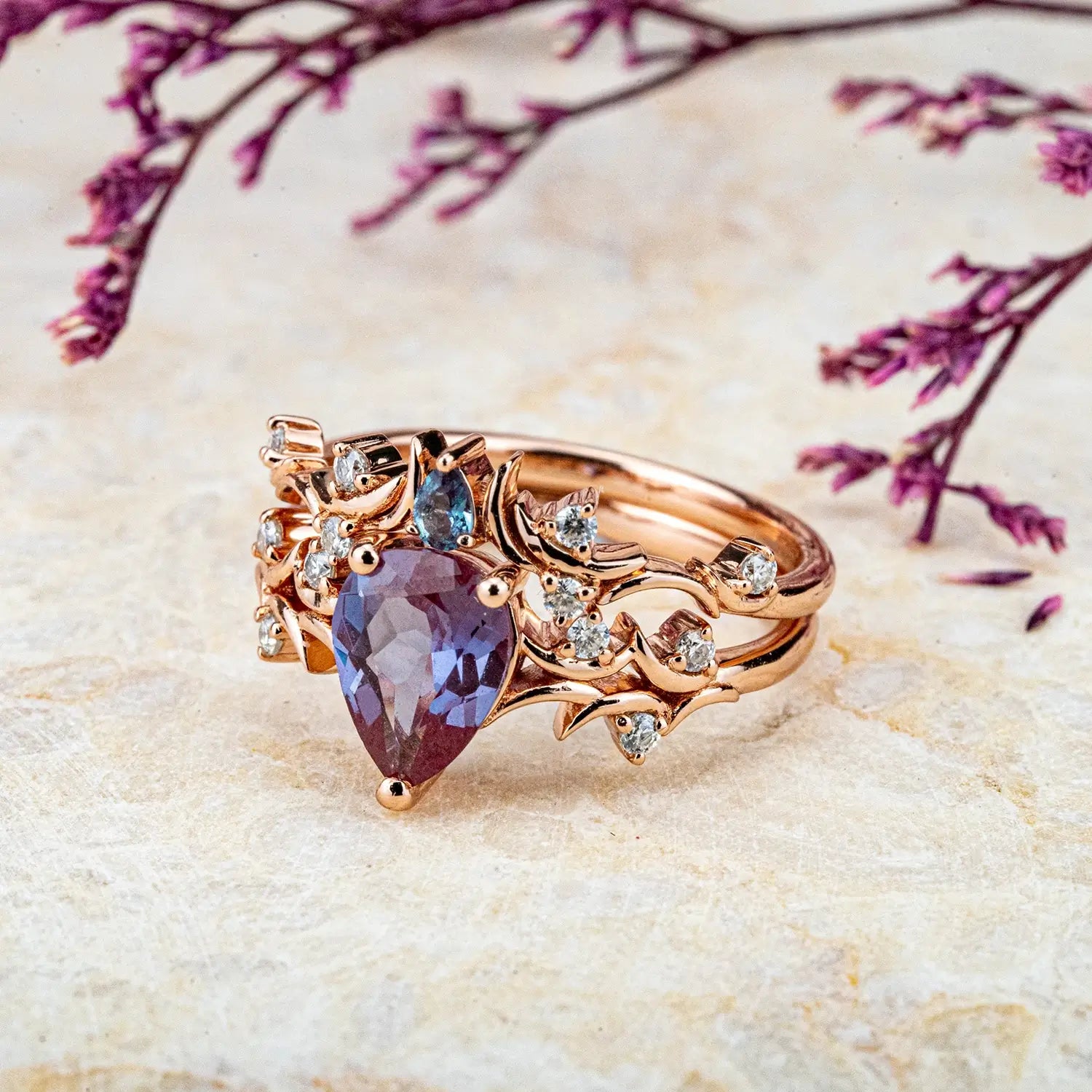 handmade custom Luxurious Unique Alexandrite Twig Engagement Ring – Elegance Bridal Sets for women