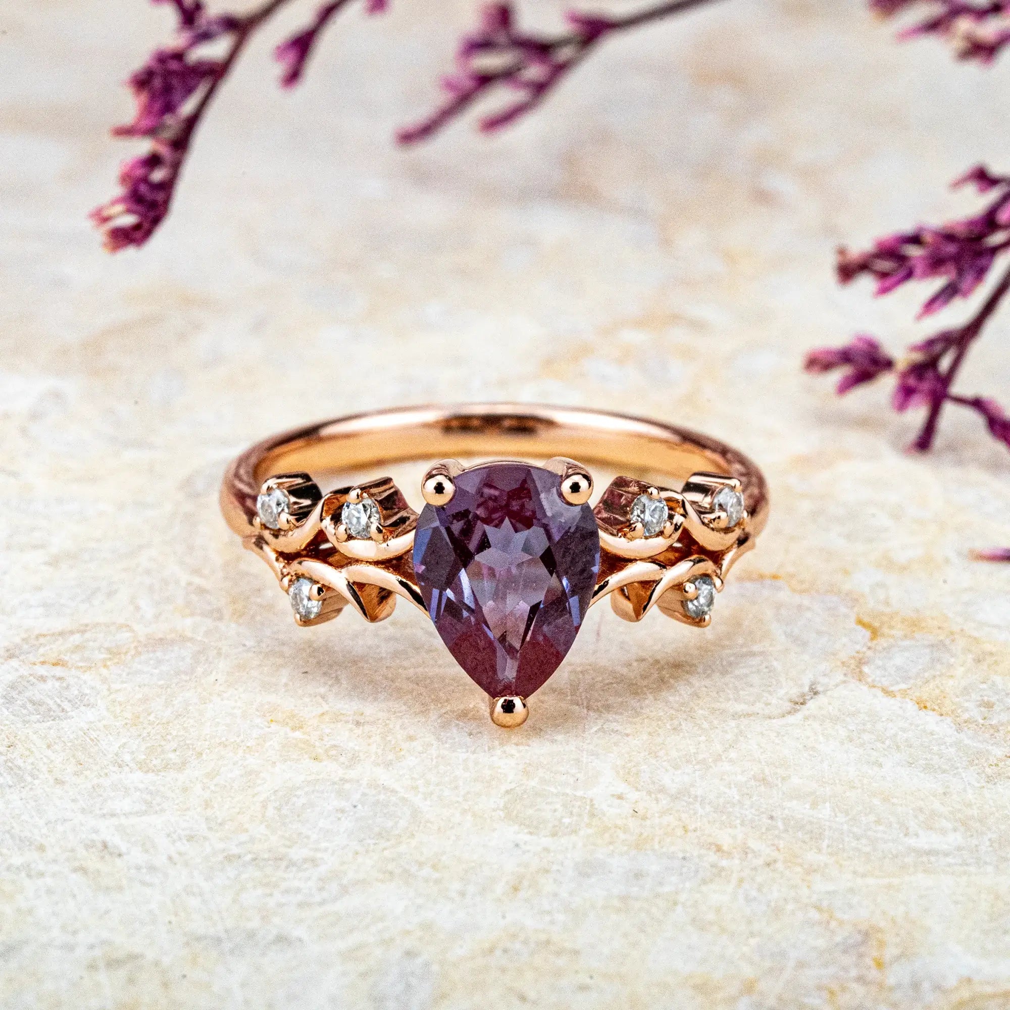 Pear Cut Alexandrite Engagement Rings Nature-Inspired Twig Promise Ring custom 18k rose gold ring