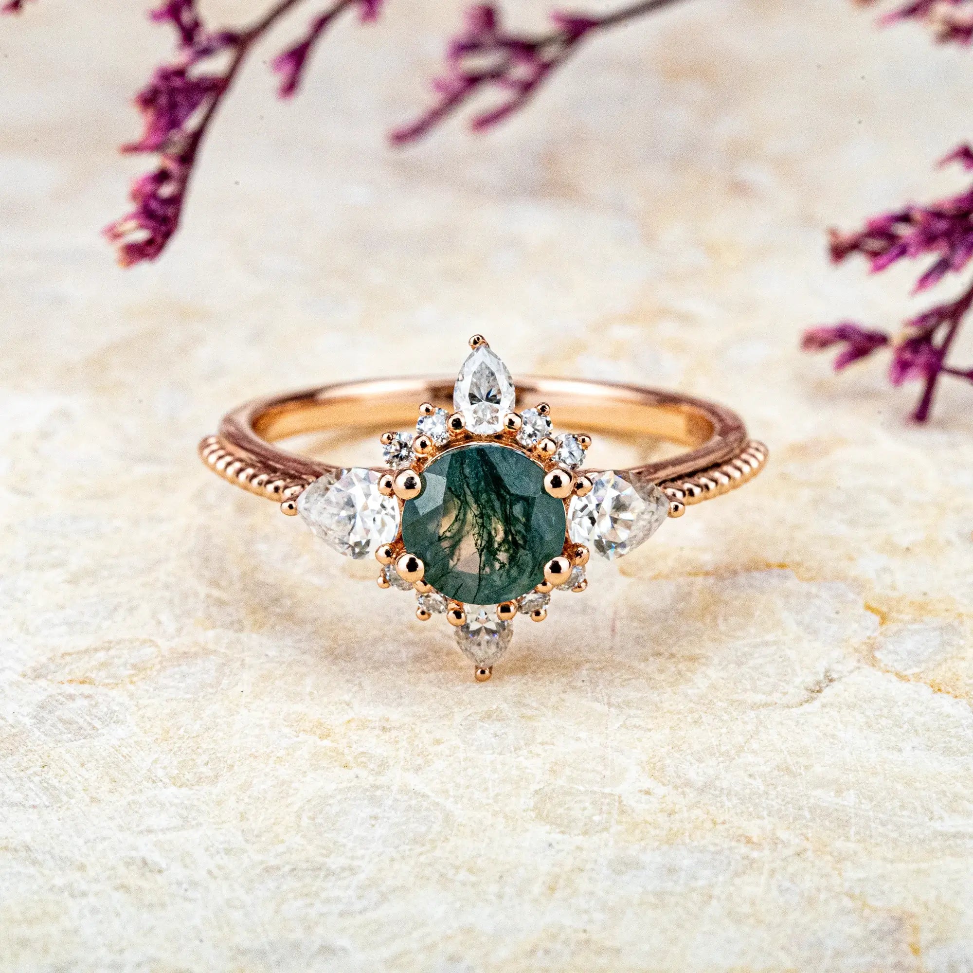 Round Moss Agate Rings Halo Ring - Unique Wedding & Anniversary Gift Custom rose gold jewelry