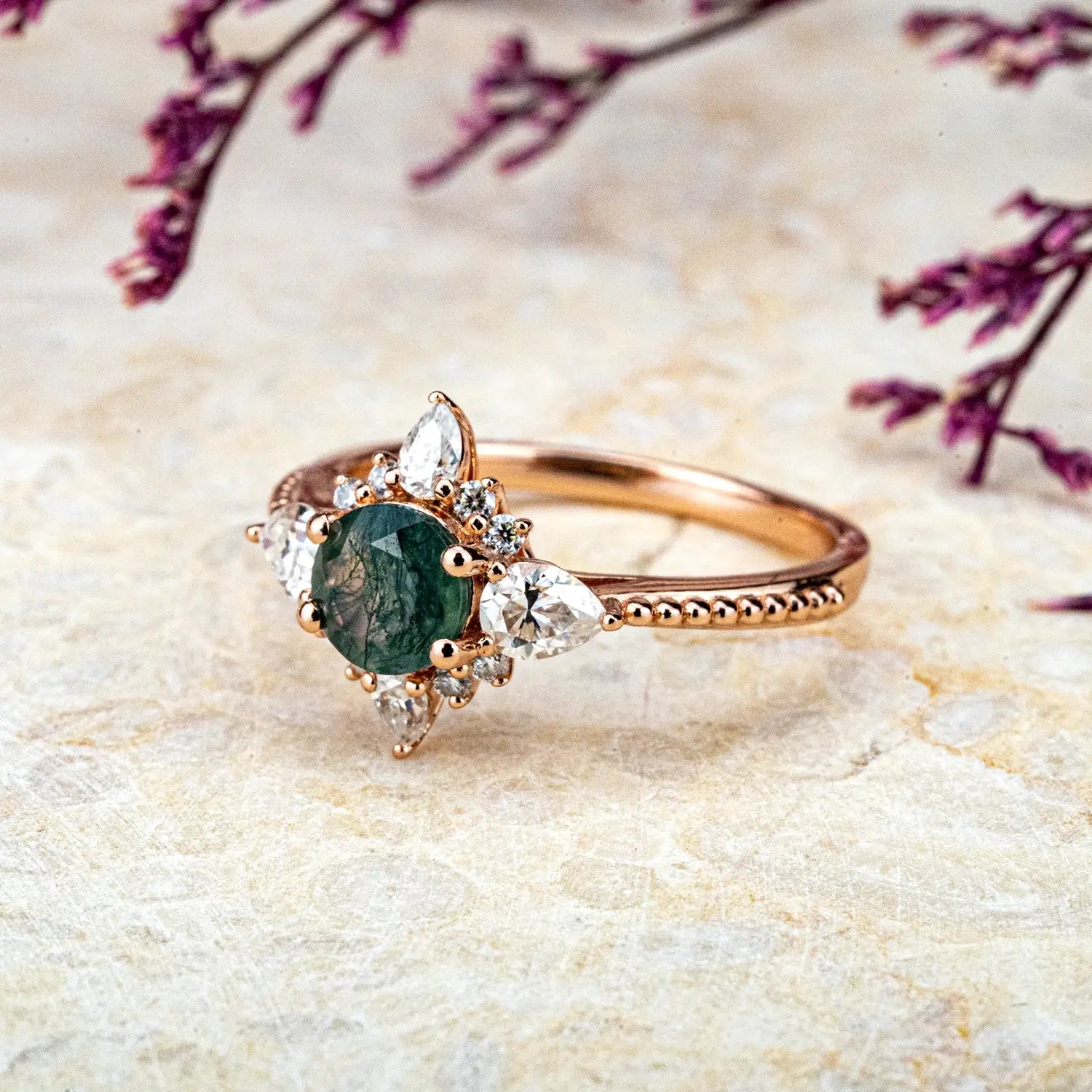 Round Moss Agate Rings Halo Ring - Unique Wedding & Anniversary Gift Custom rose gold jewelry