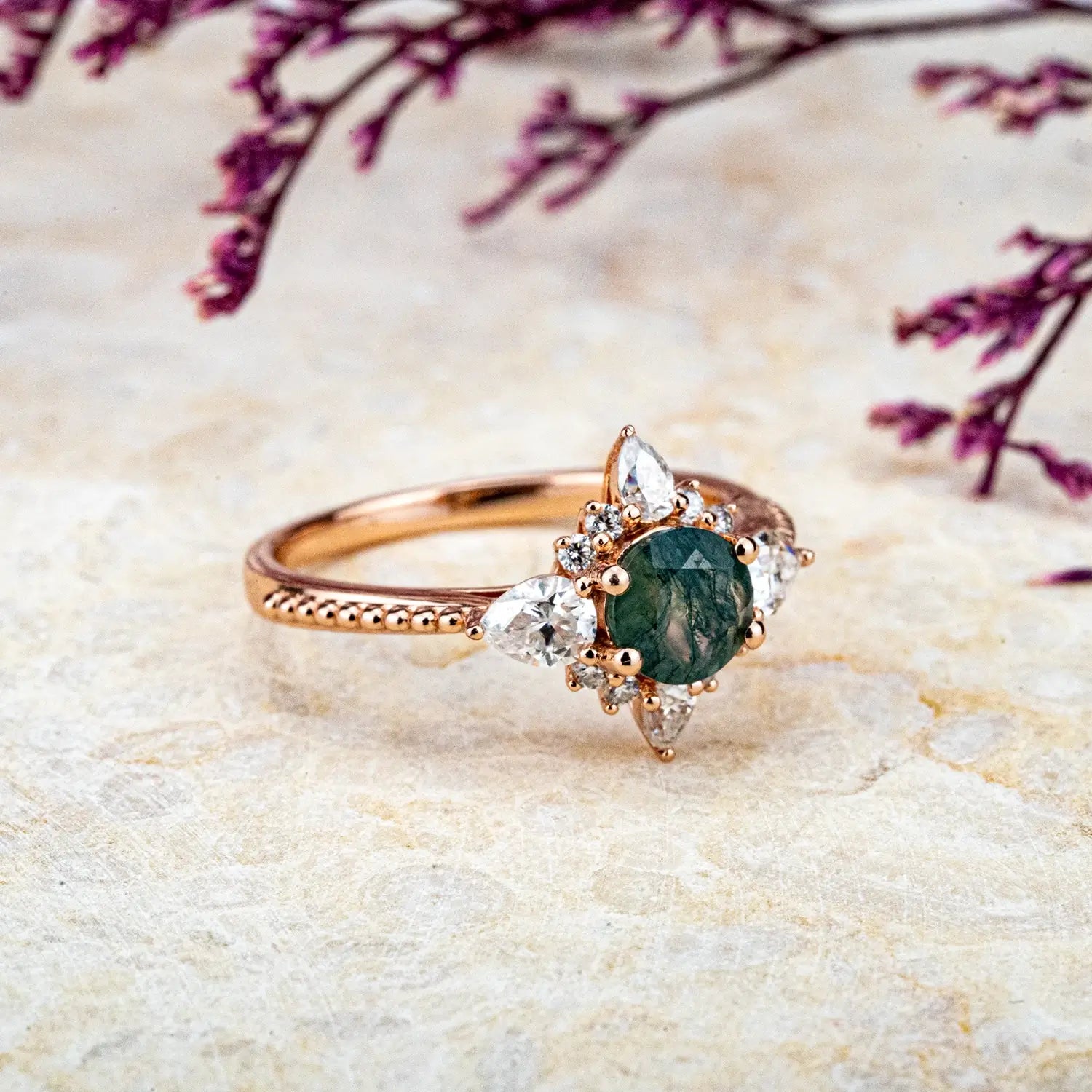 Round Moss Agate Rings Halo Ring - Unique Wedding & Anniversary Gift Custom rose gold jewelry