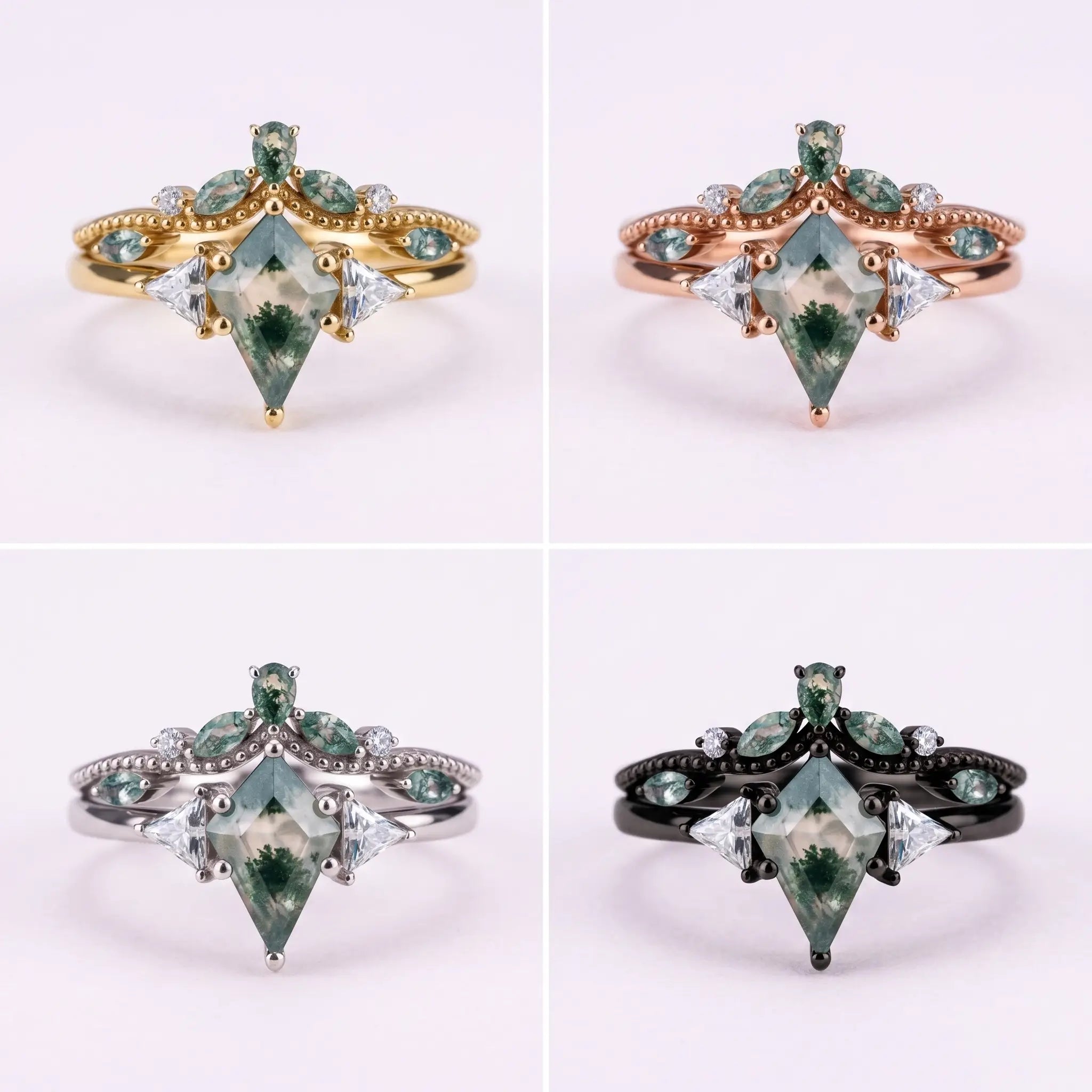 A vintage bridal ring set consisting of four rings in different materials and colors.