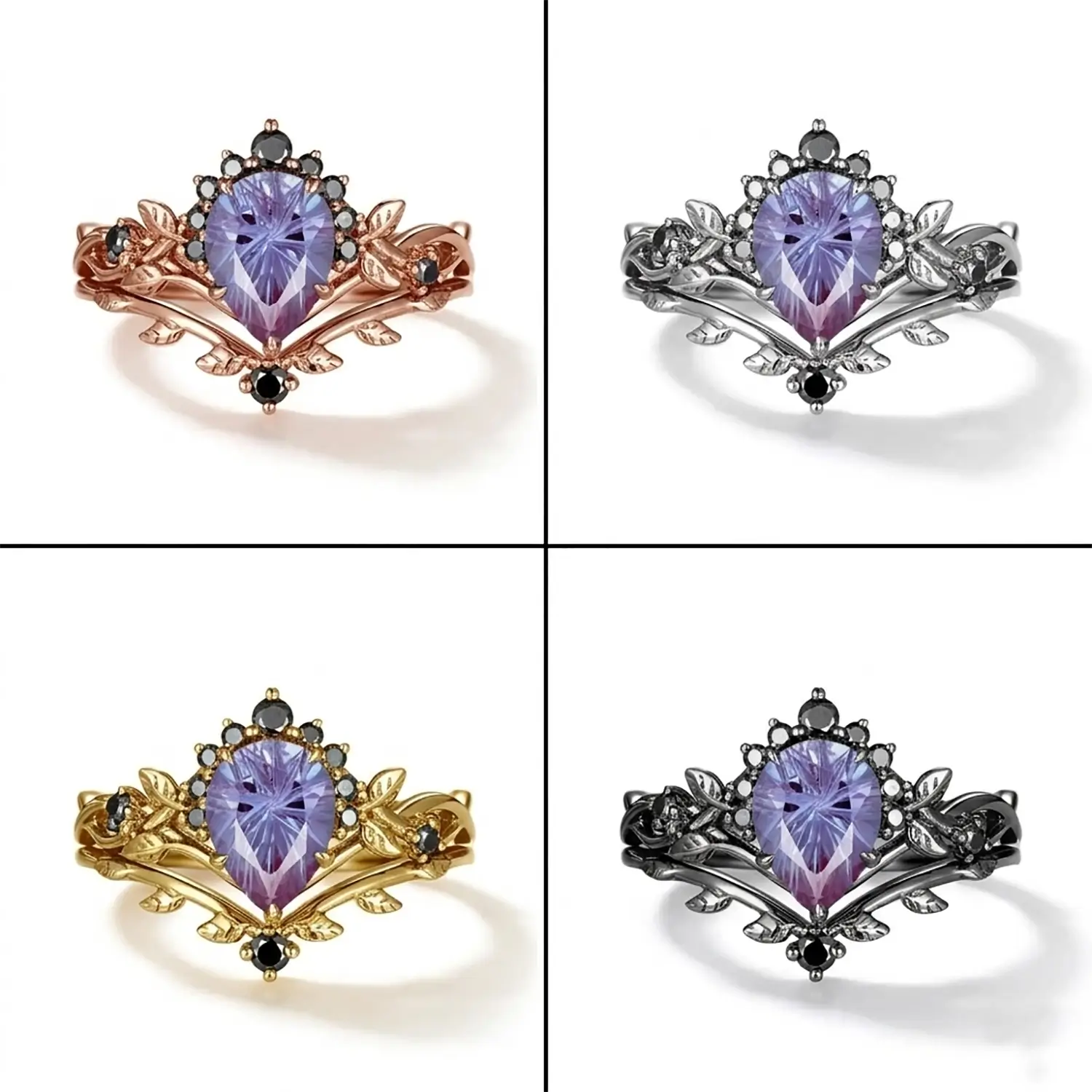 Fireworks Pear Cut Alexandrite Engagement Ring Set Black Gold Leaf Halo Band Gothic - Aurora