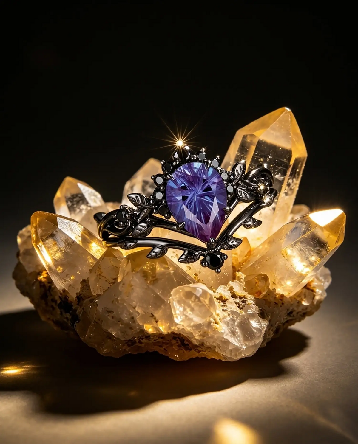 Fireworks Pear Cut Alexandrite Engagement Ring Set Black Gold Leaf Halo Band Gothic - Aurora