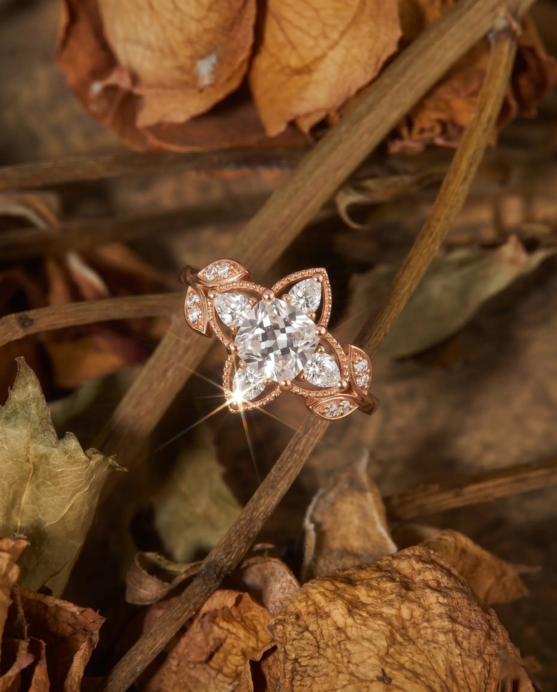 Four Leaf Clover Halo Rings Cushion Moissanite Engagement Ring 14K Gold Promise Gift