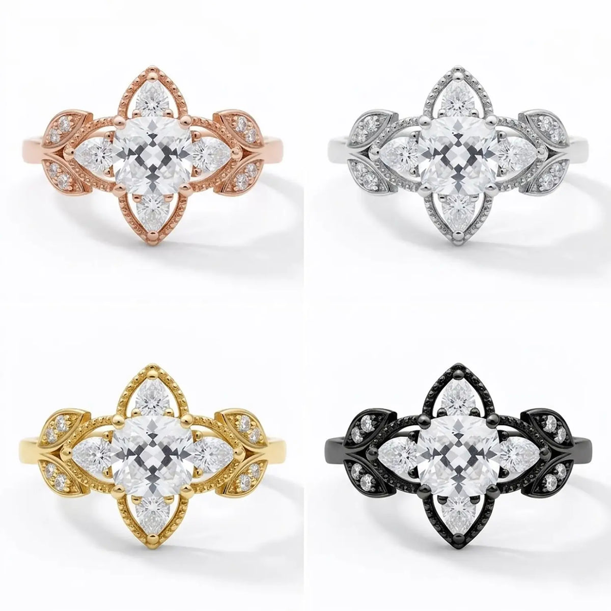 Verlobungsring mit vierblättrigem Kleeblatt-Halo, Kissen-Moissanit, 14 Karat Gold, Versprechensgeschenk