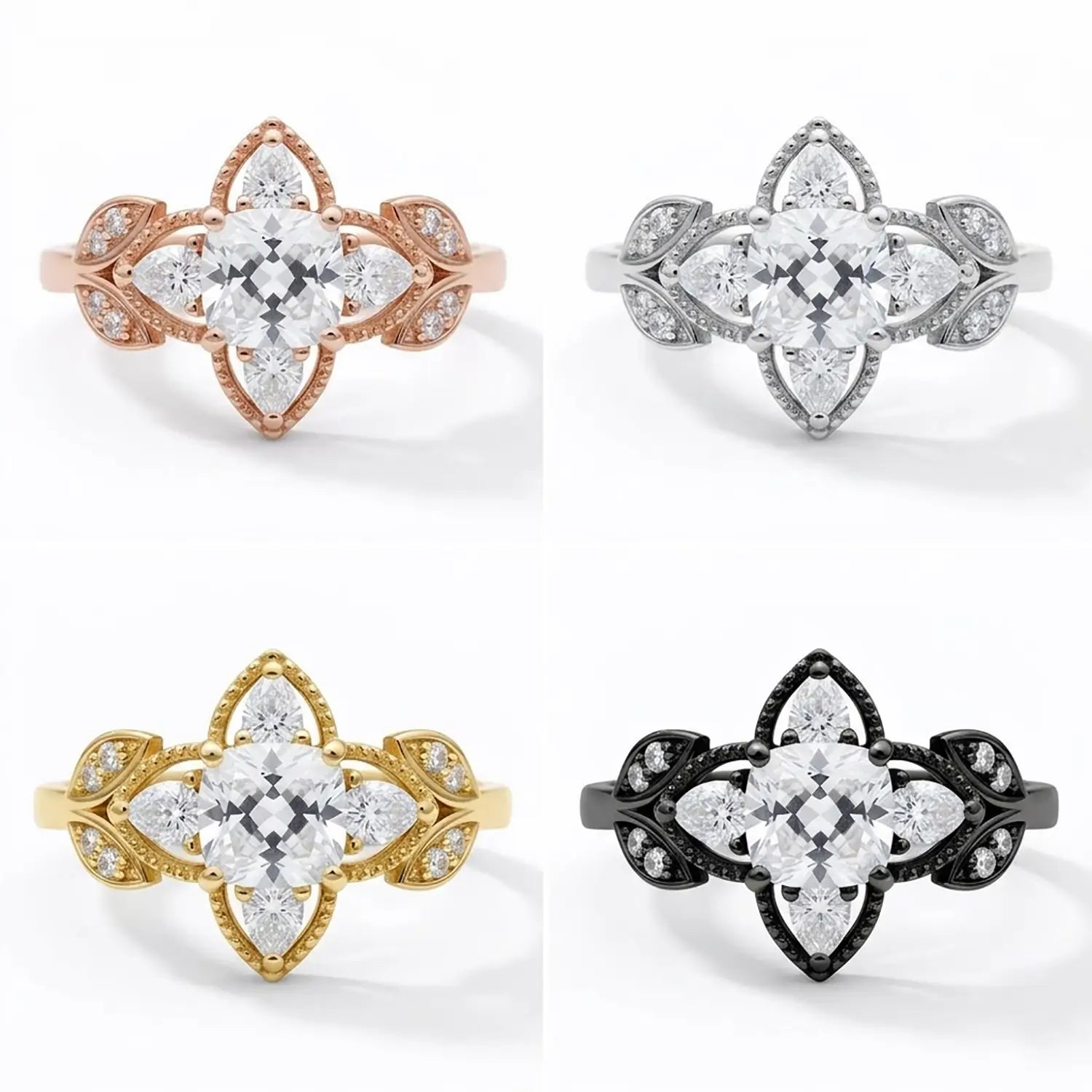 Four Leaf Clover Halo Rings Cushion Moissanite Engagement Ring 14K Gold Promise Gift
