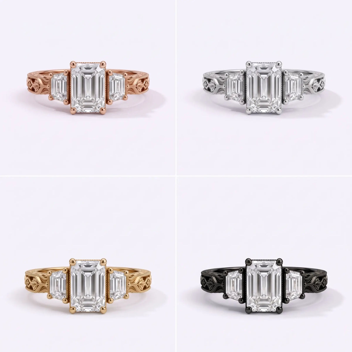Vintage inspired emerald cut moissanite three stone engagement ring in available gold color options
