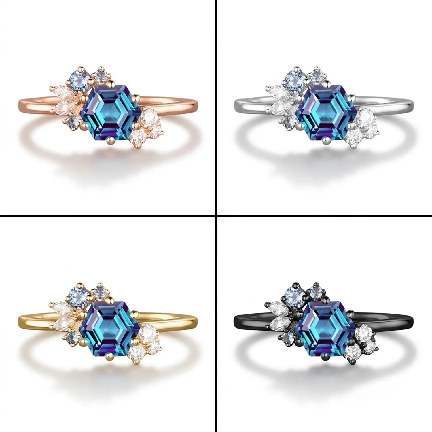 Bague de fiançailles en or jaune Art Déco avec sertissage d'alexandrite hexagonale - Prisme