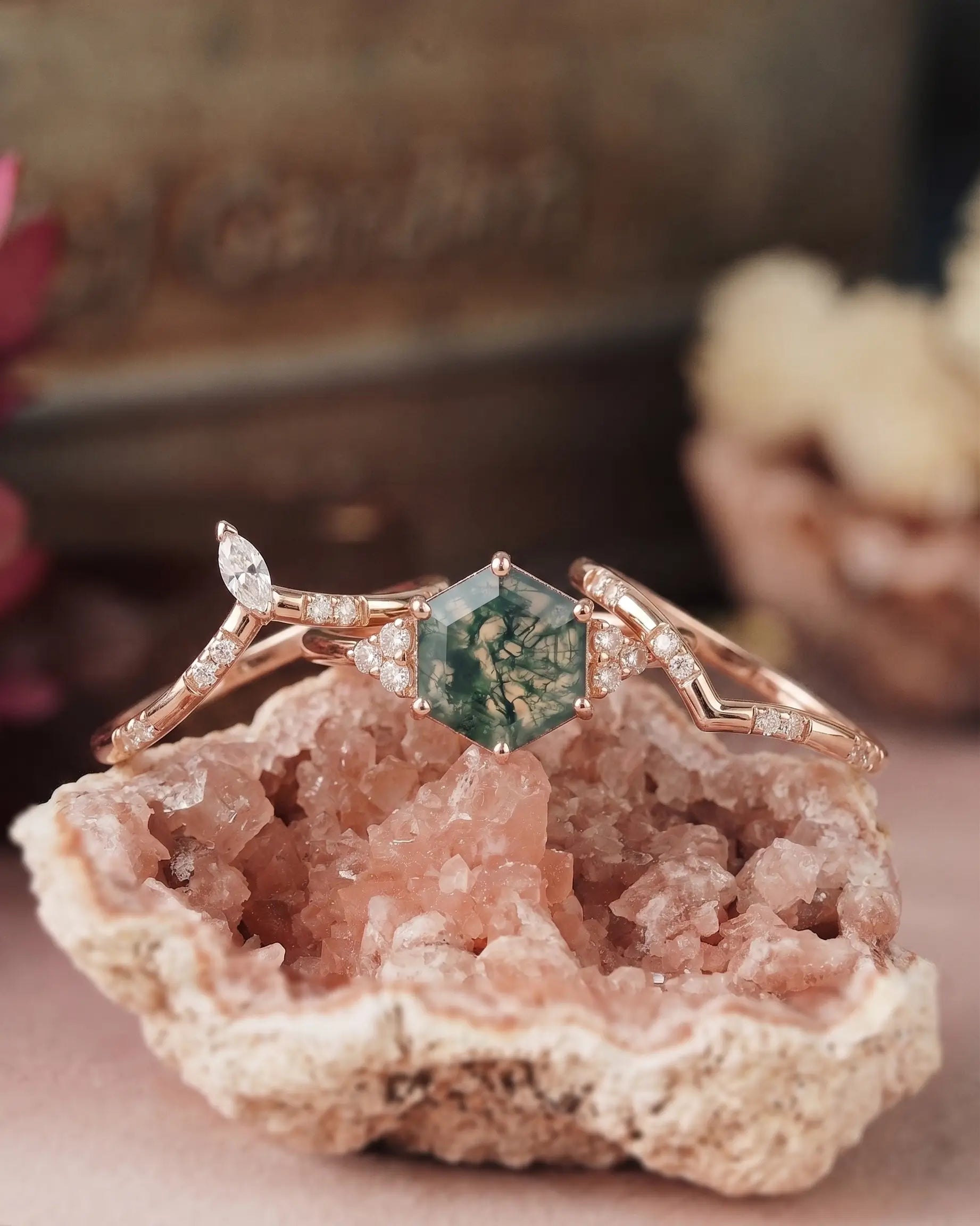 Hexagon Moss Agate Trio Ring Set – Luxurious Cluster Design Promise Gift orleone jewelry