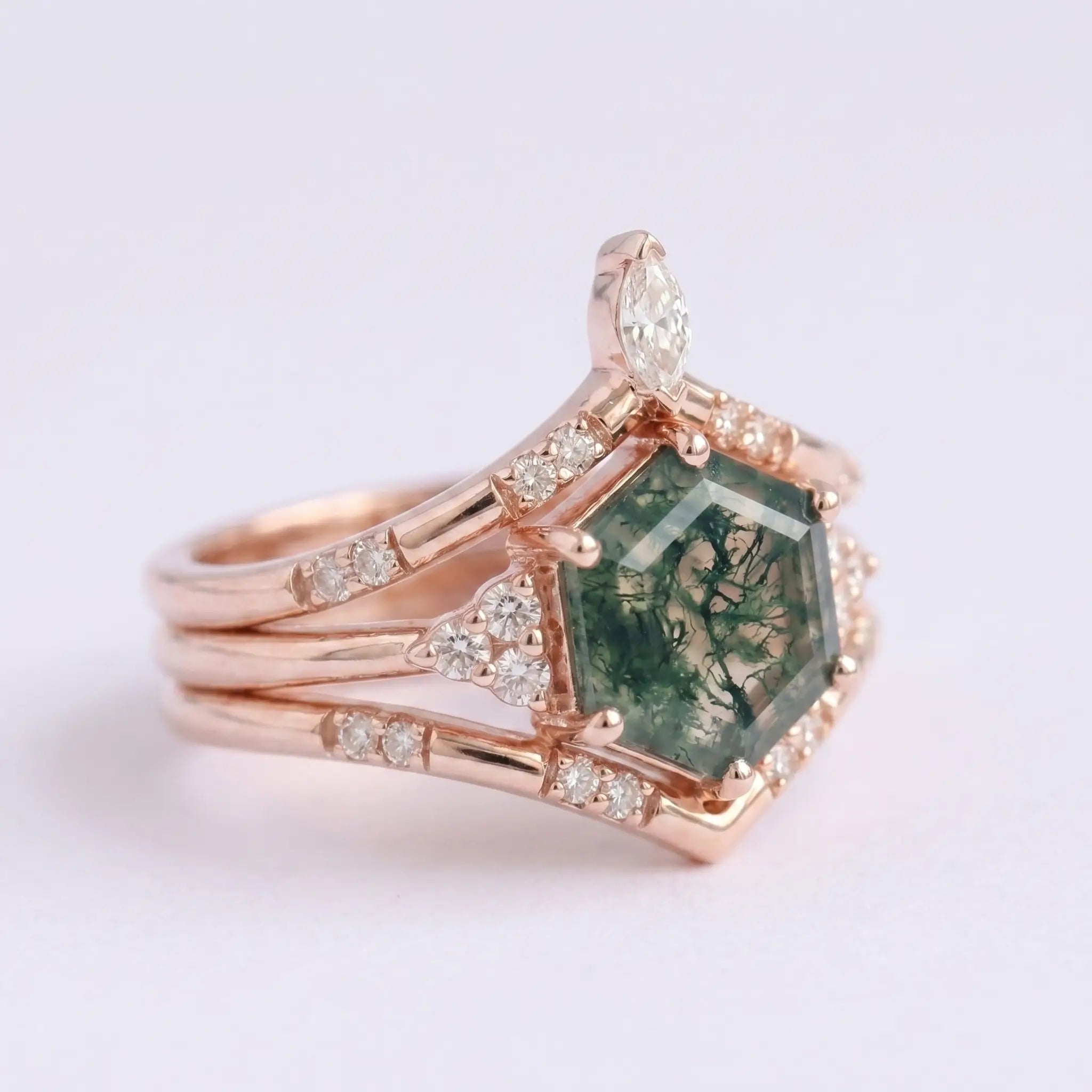 Hexagon Moss Agate Trio Ring Set – Luxurious Cluster Design Promise Gift 18K Rose gold rings