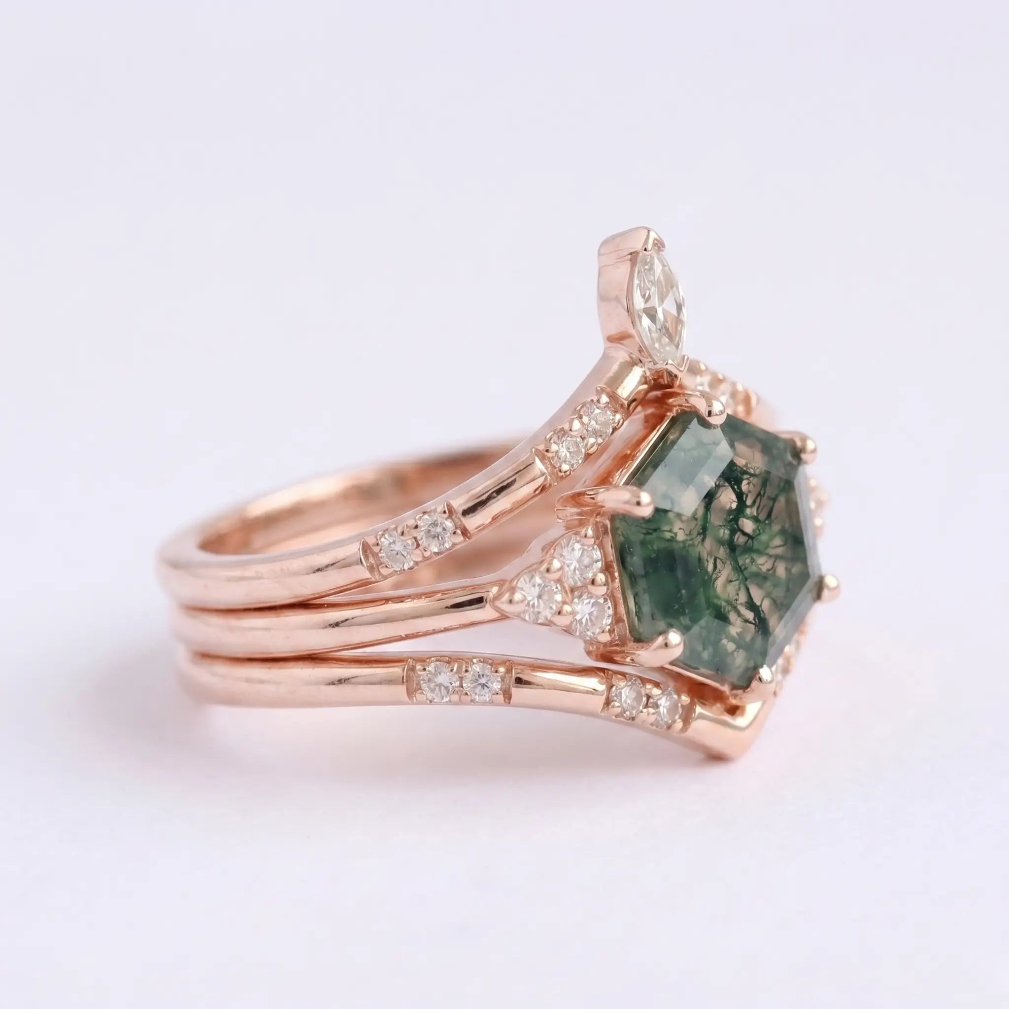 Hexagon Moss Agate Trio Ring Set – Cluster Promise Rings