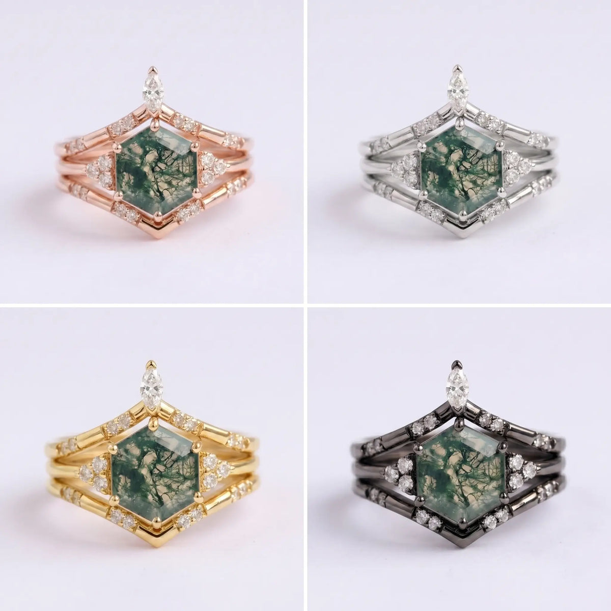 Hexagon Moss Agate Trio Ring Set – Luxurious Cluster Design Promise Gift 18K Rose gold rings 4 material color