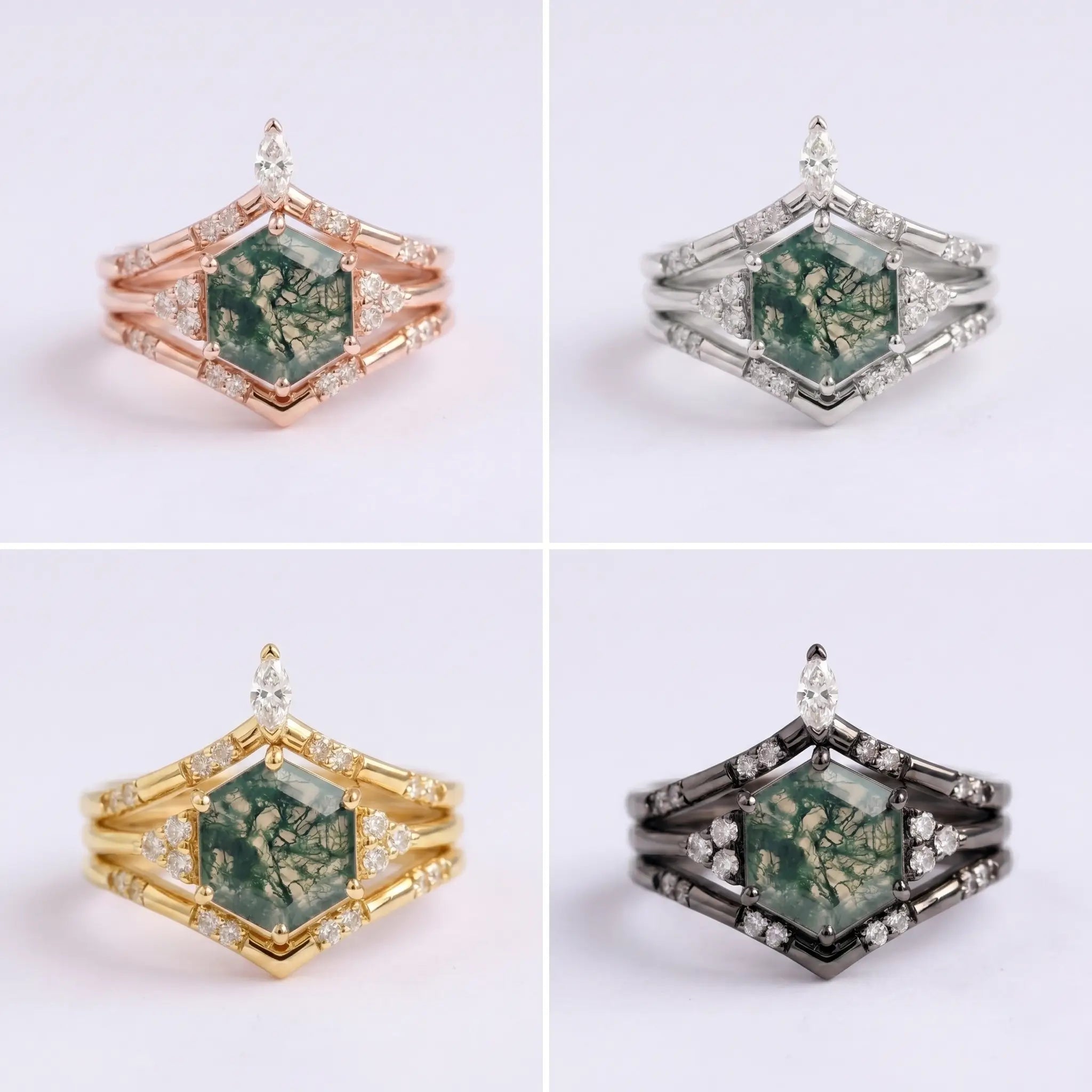 Hexagon Moss Agate Trio Ring Set – Luxurious Cluster Design Promise Gift 18K Rose gold rings 4 material color