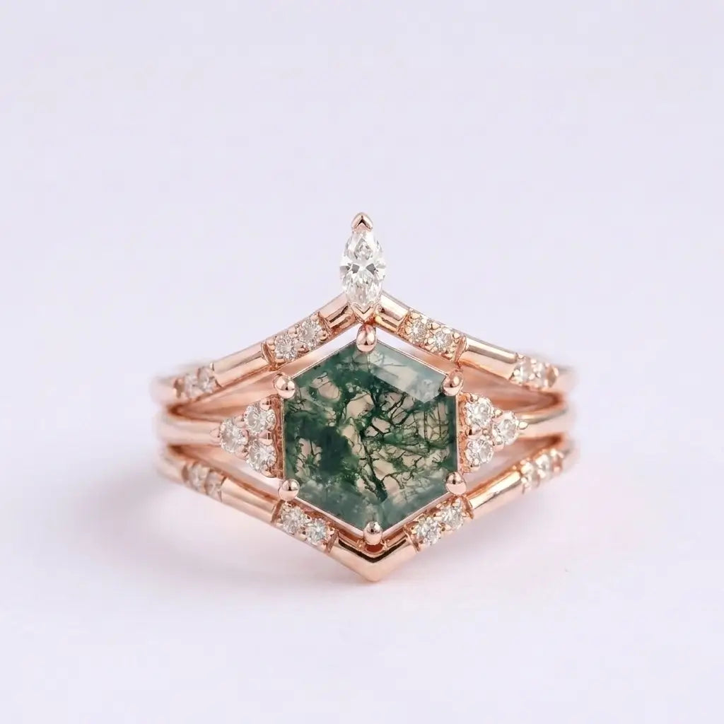 Hexagon Moss Agate Trio Ring Set – Luxurious Cluster Design Promise Gift 18K Rose gold rings