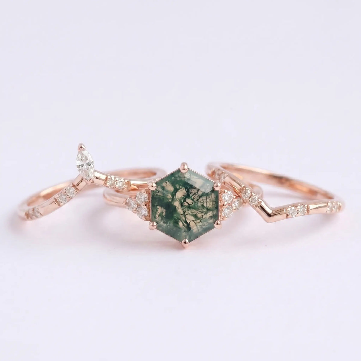 Hexagon Moss Agate Trio Ring Set