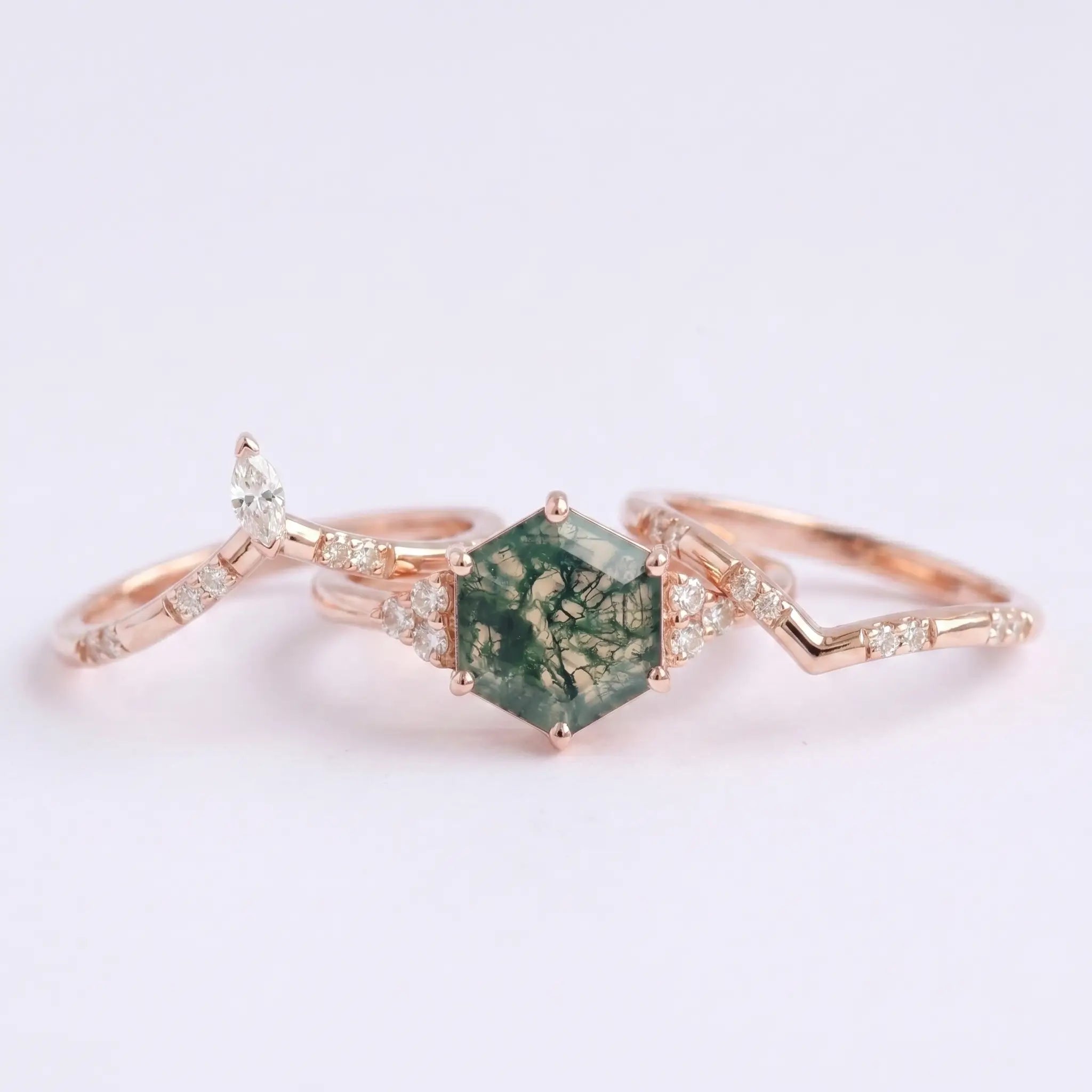 Hexagon Moss Agate Trio Ring Set