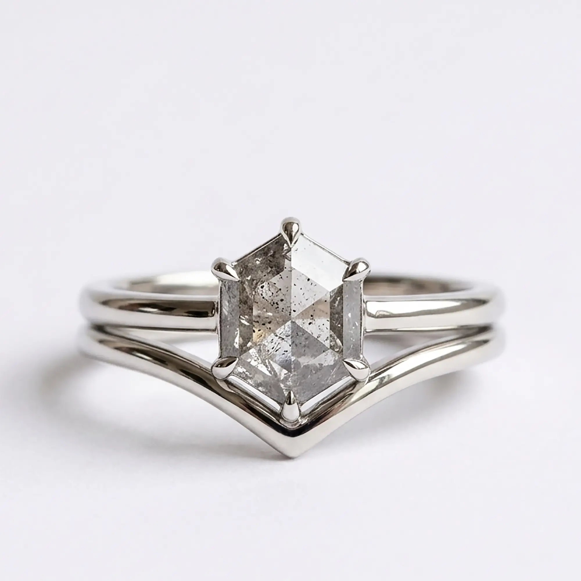 Hexagon salt and pepper diamond engagement ring set with white gold 18k