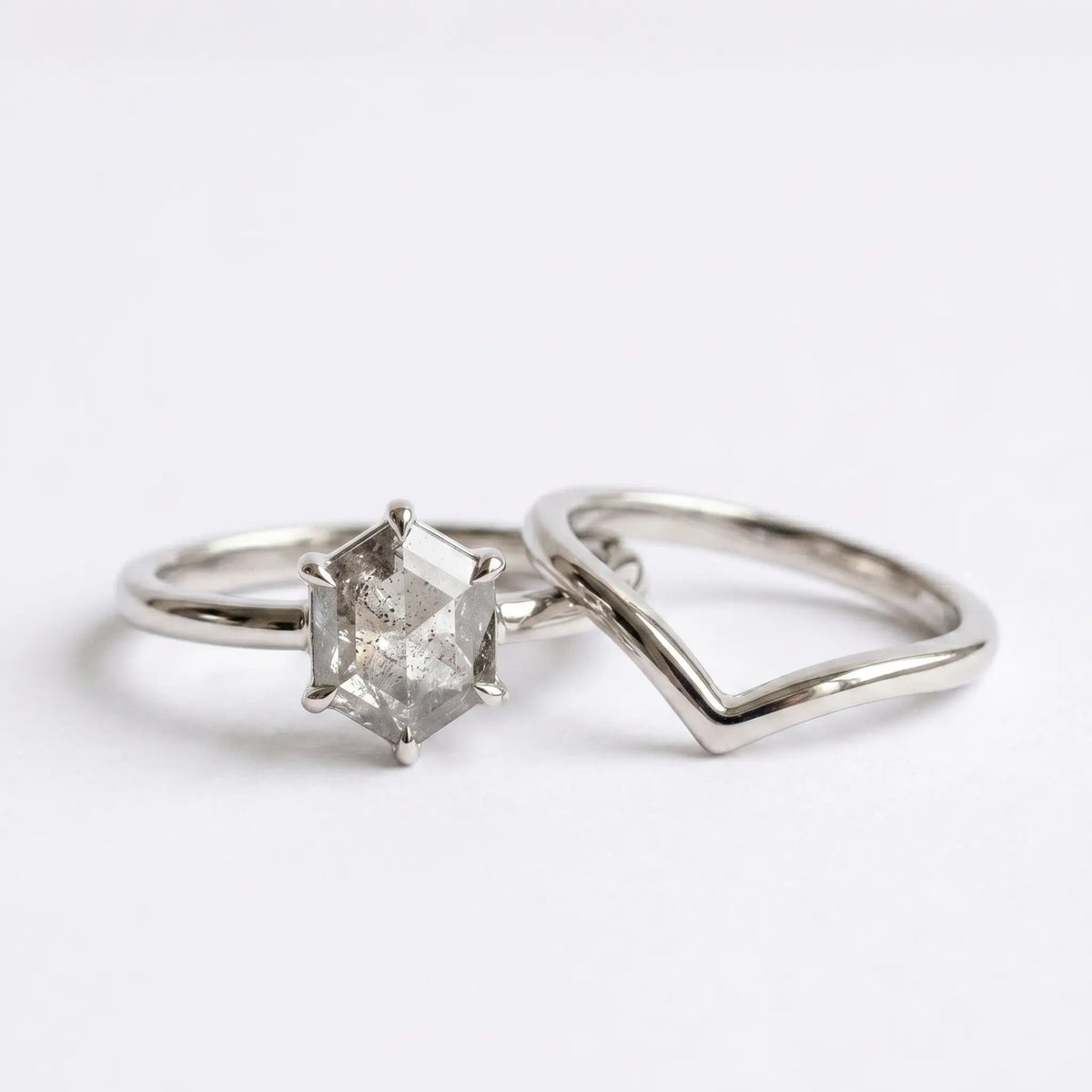 Hexagon Salt and Pepper Diamond Ring Sets Minimalist Luxury White Gold 2pcs