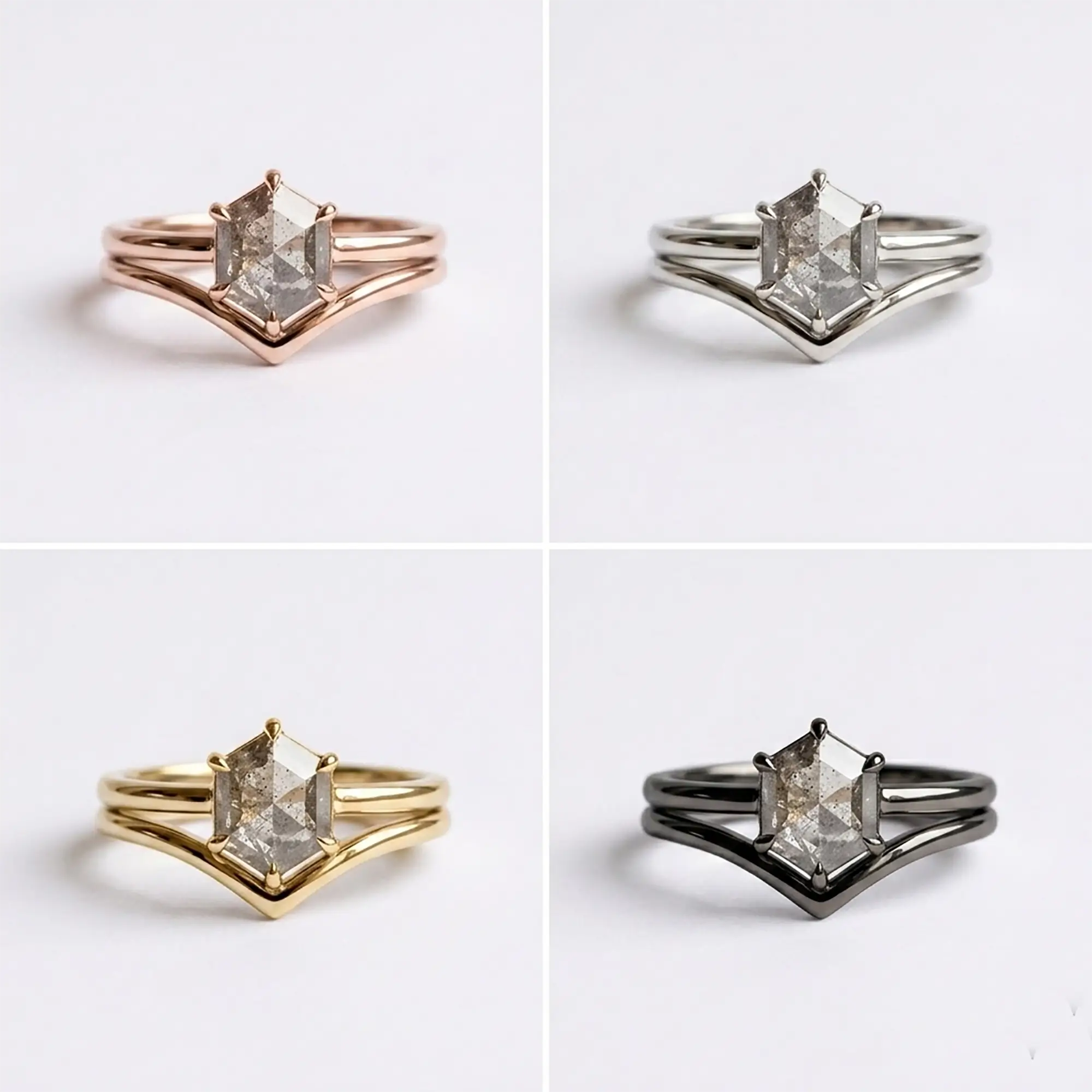 Hexagon Salt and Pepper Diamond Ring Sets Minimalist Luxury White Gold Rings
