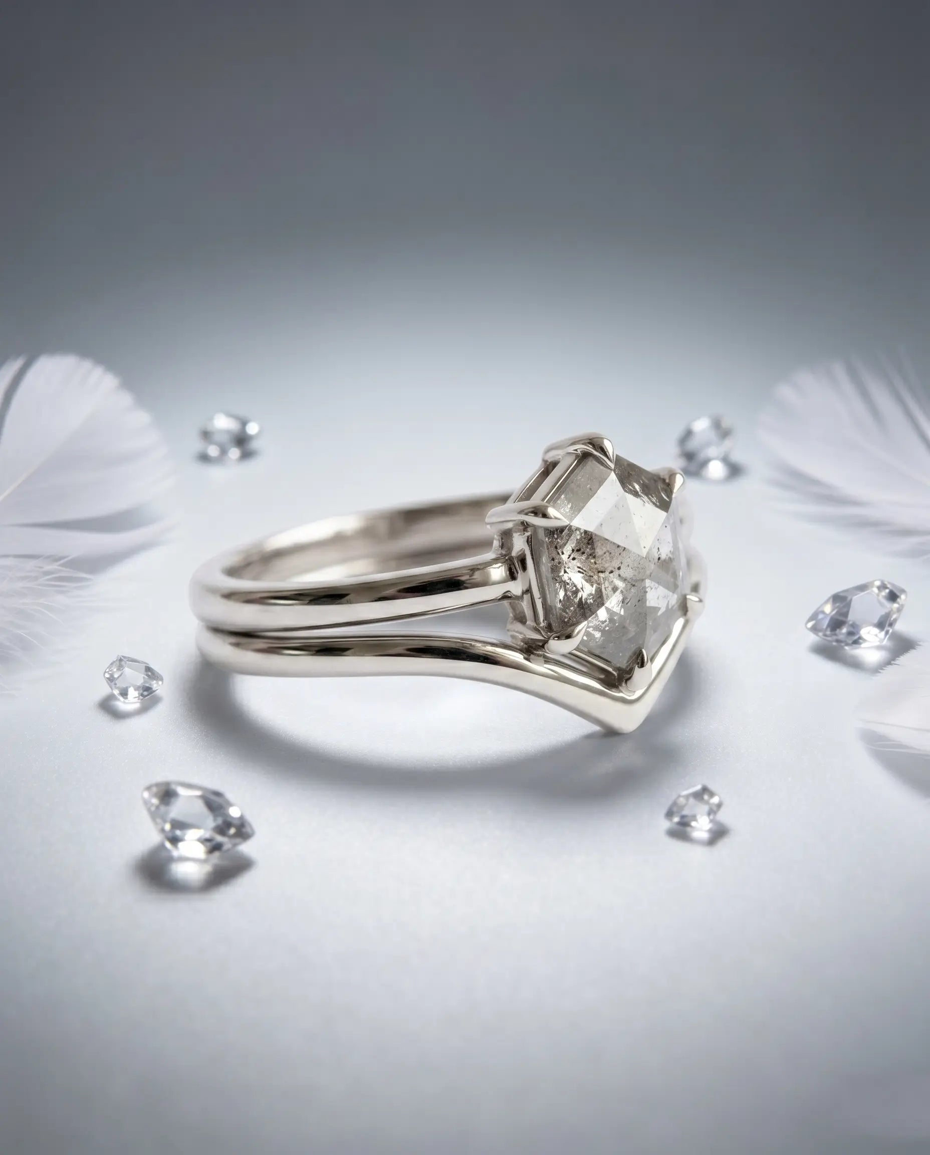 Hexagon Salt and Pepper Diamond Ring Sets Minimalist Luxury White Gold Rings