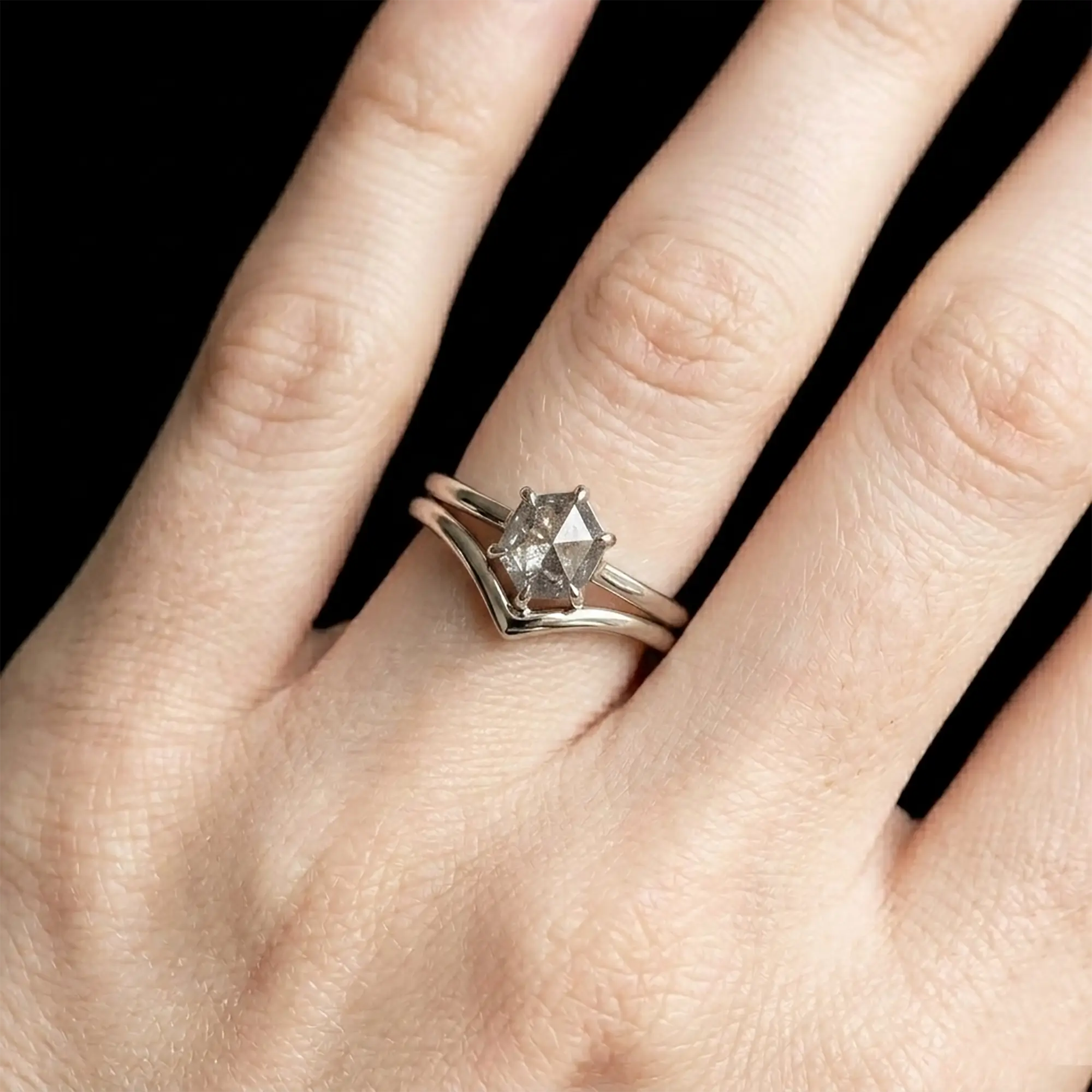 Hexagon Salt and Pepper Diamond Ring Sets White Gold Rings for women gift