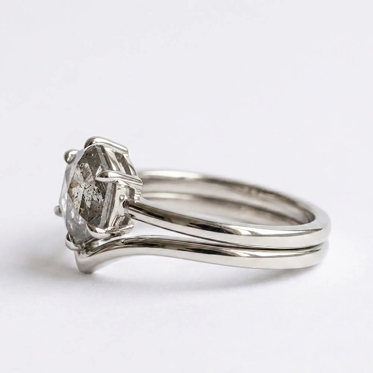 Hexagon Salt and Pepper Diamond Ring Sets Minimalist Luxury White Gold Rings