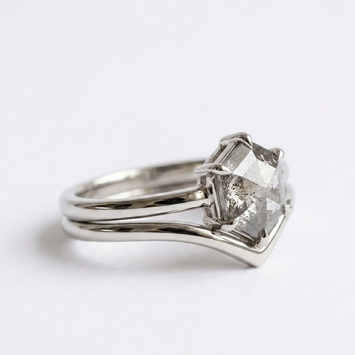 Hexagon Salt and Pepper Diamond Ring Sets Minimalist Luxury White Gold Rings right view