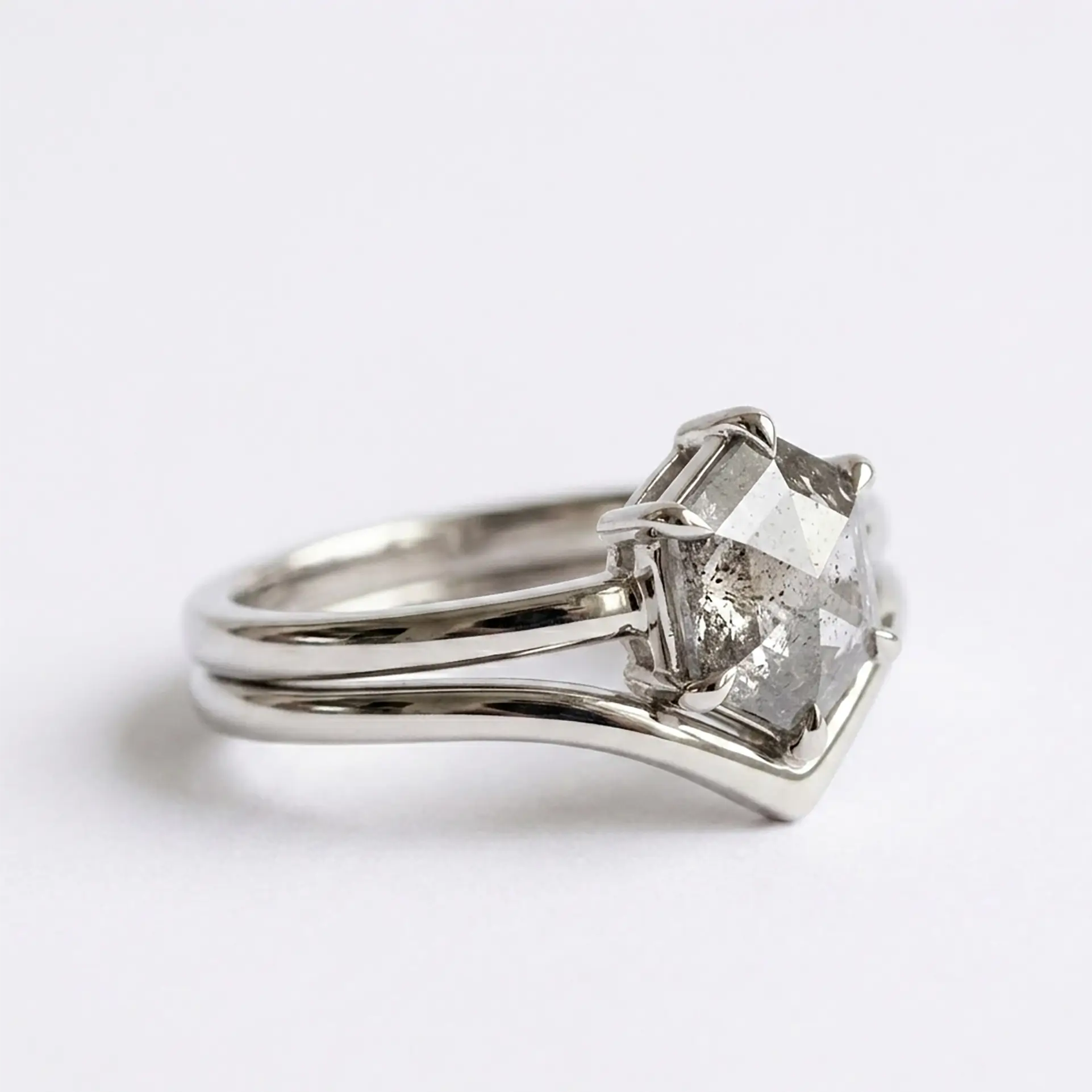 Hexagon Salt and Pepper Diamond Ring Sets Minimalist Luxury White Gold Rings right view