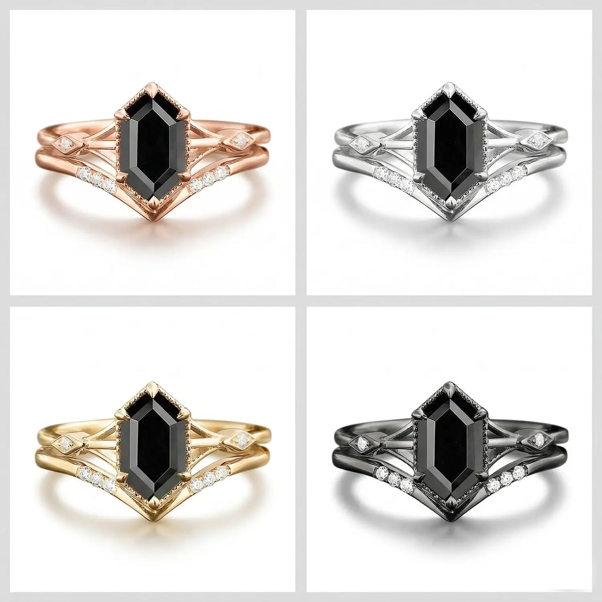Hexagonal Black Onyx Bridal Ring Set — 4 Colors Available. Materials: Rose Gold, Yellow Gold, Black Gold, White Gold.