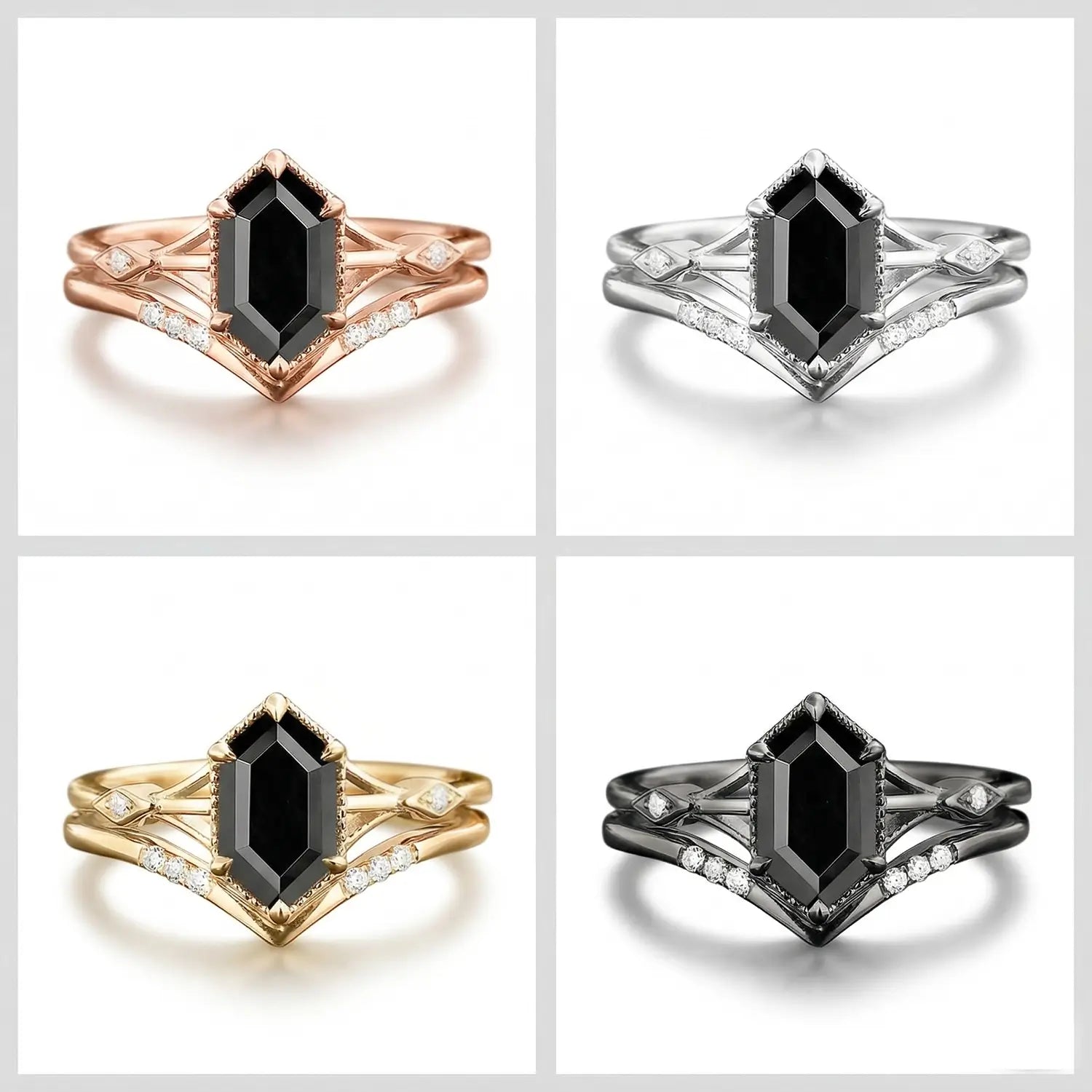 Hexagonal Black Onyx Bridal Ring Set — 4 Colors Available. Materials: Rose Gold, Yellow Gold, Black Gold, White Gold.