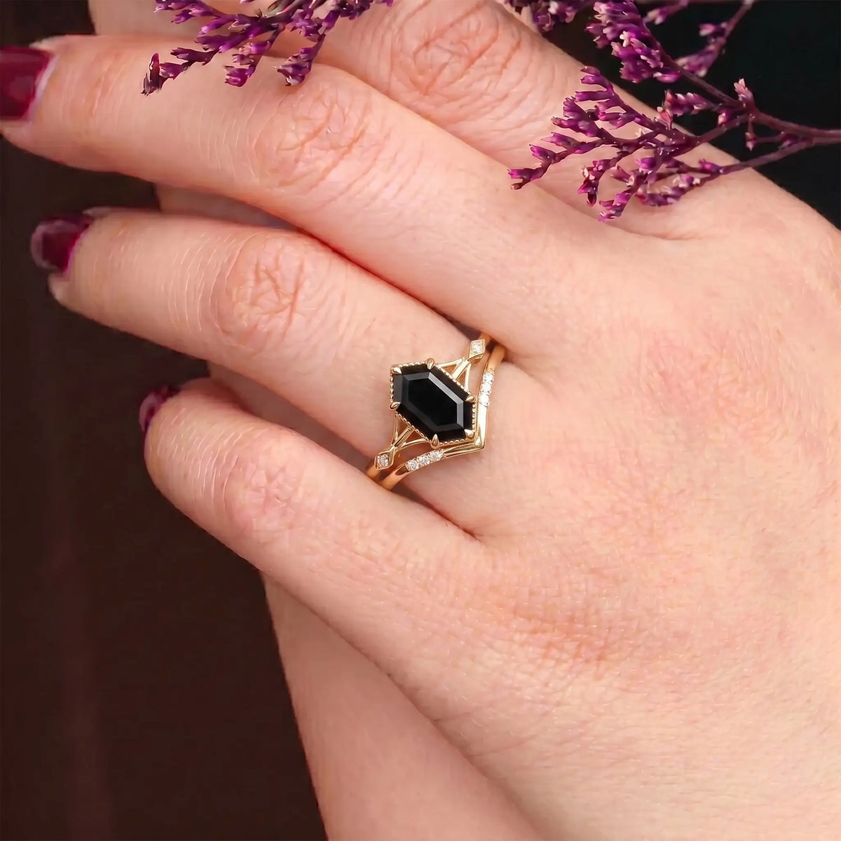 Hexagonal Black Onyx Bridal Ring Set — Vintage Art Deco Style Women's Ring, Anniversary Gift