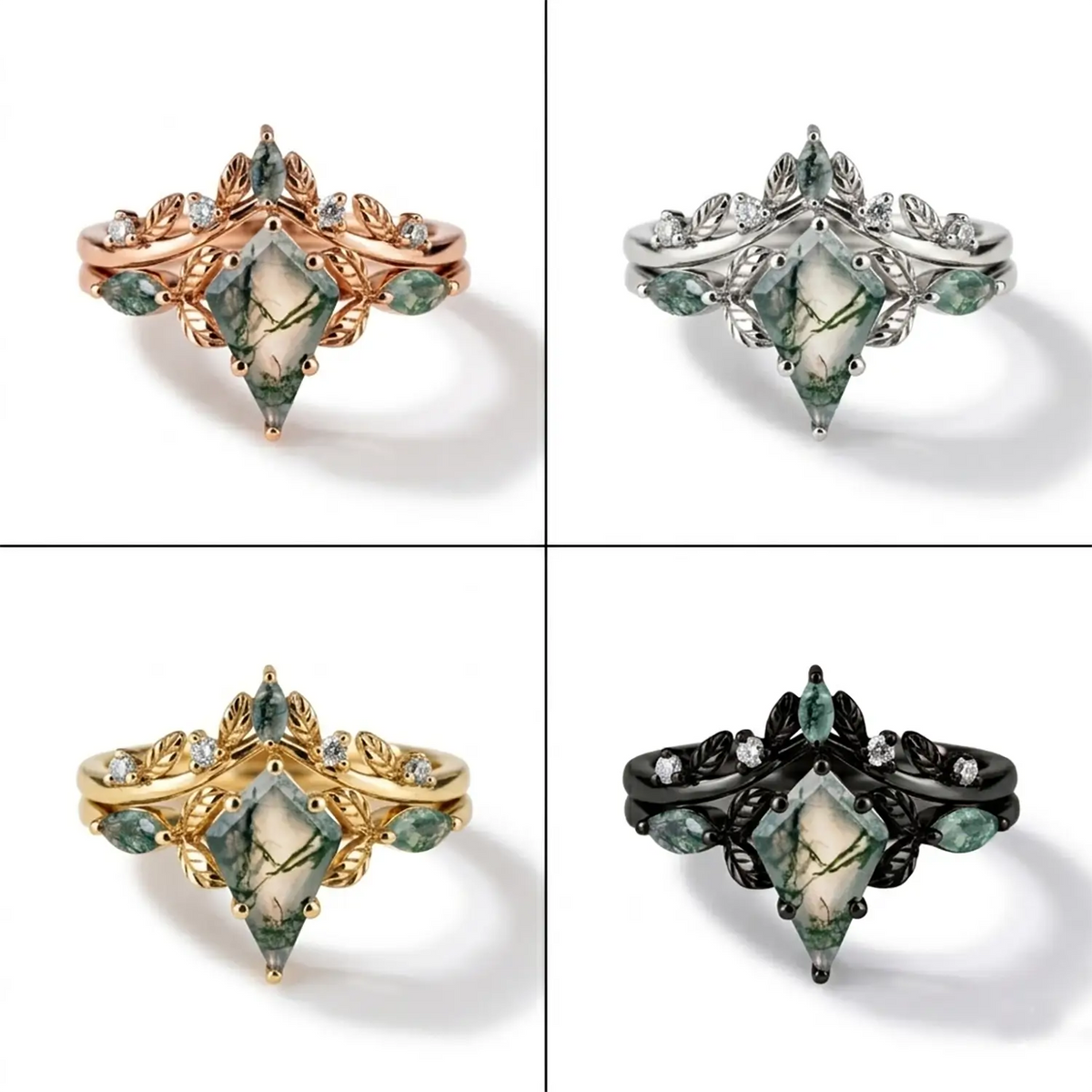 leaf engagement ring moss agate gemstone kite shape 4 materia color