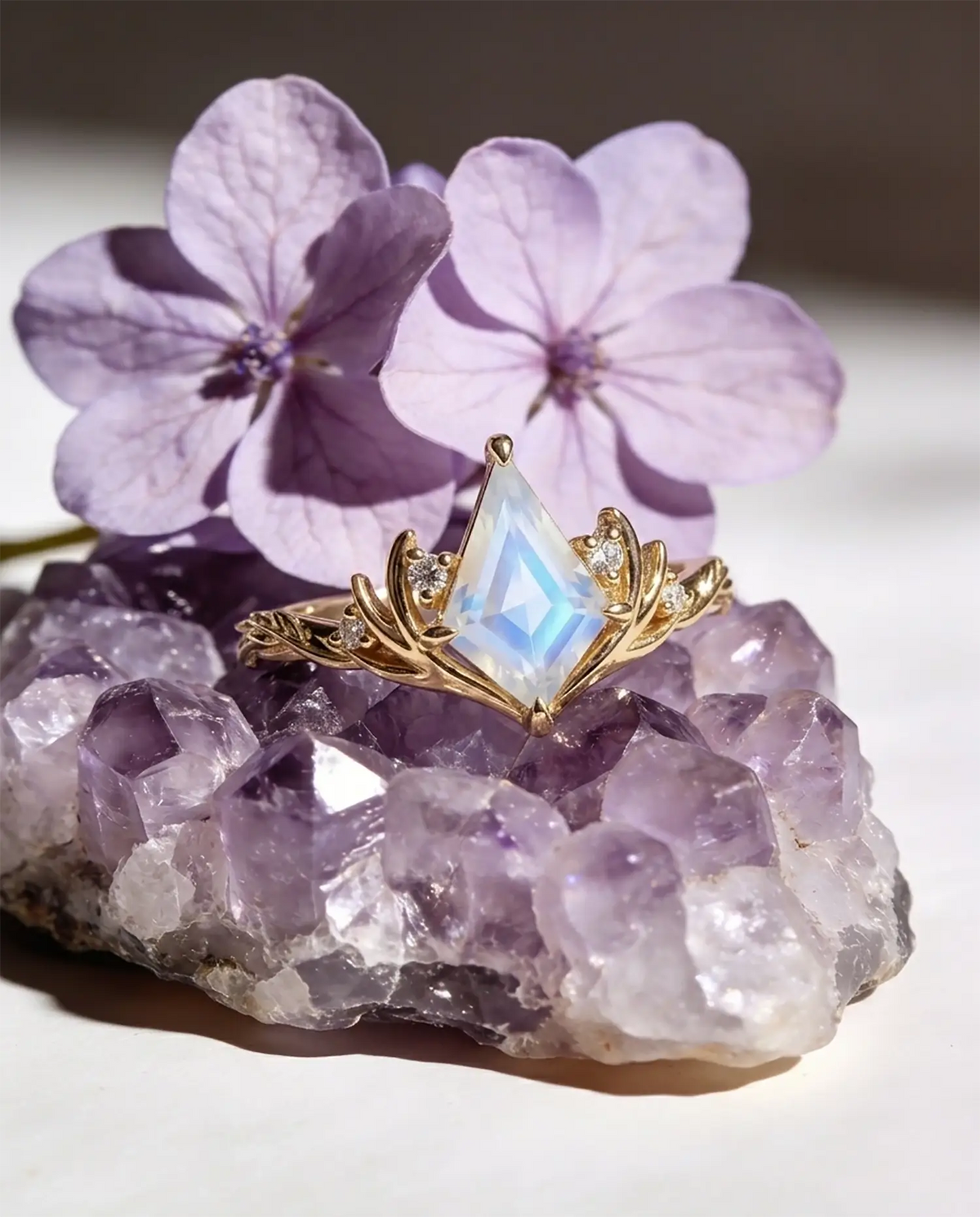 14k yellow gold moonstone ring kite cut and flower