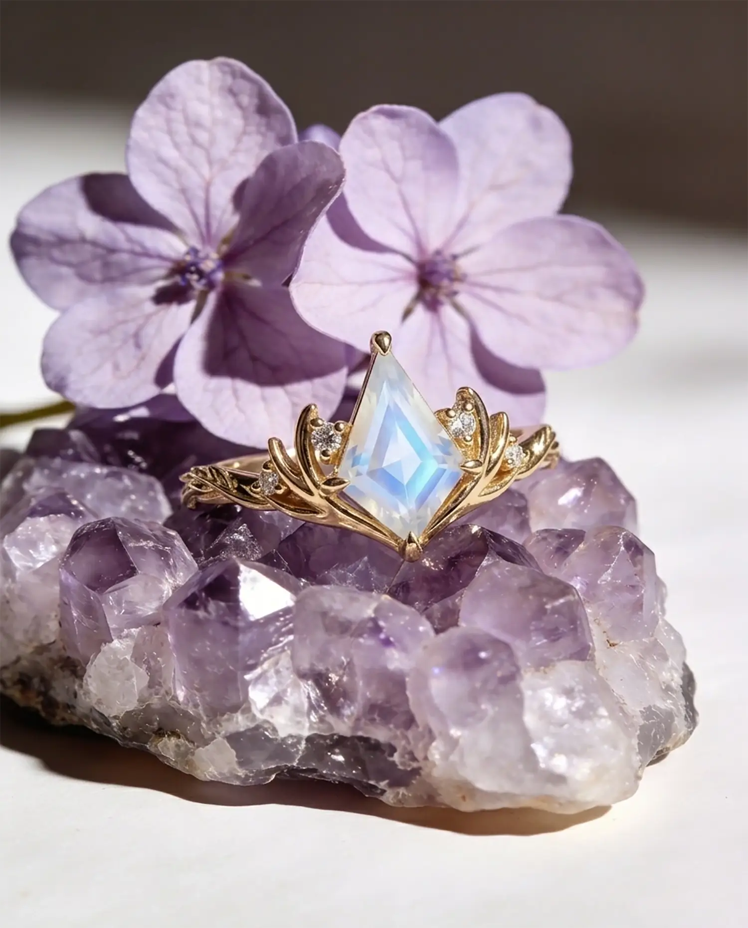 14k yellow gold moonstone ring kite cut and flower