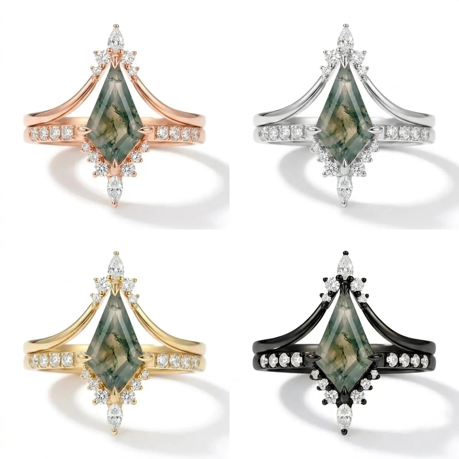 Kite Cut Moss Agate Bridal Ring Sets – Minimalist Promise Ring with Moissanite -Sylvara